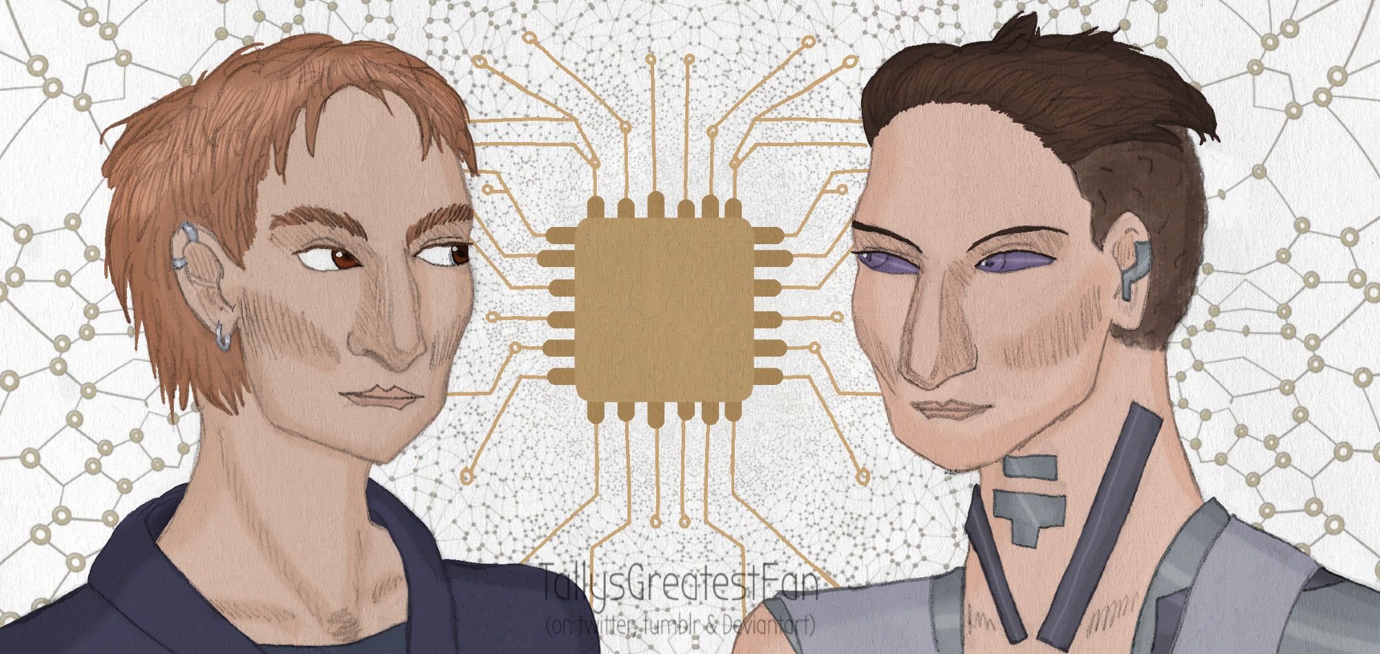 ID: Digitally colorized pencil drawing of two very similiar looking, vaguely white women depicted up to the shoulder, looking at each other. On the left has red hair, an angular face and a crooked nose and normal human brown eyes, on the right has an sidecut with brown hair, metallic purple eyes and cybernetic implants. There are technological patterns in the background