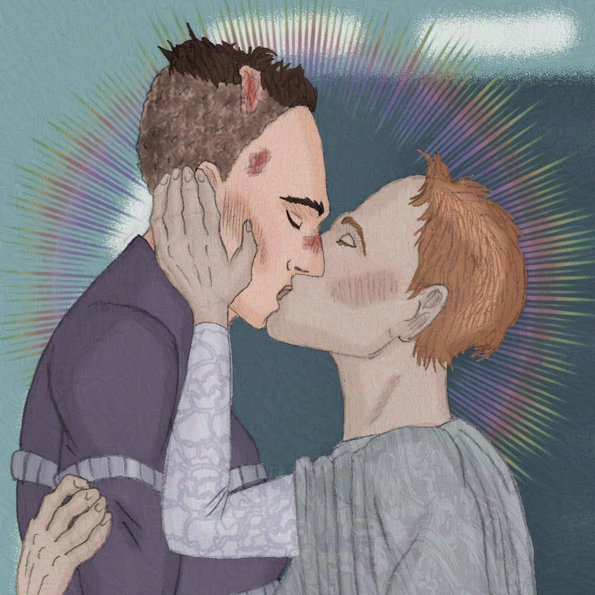 ID: Digitally colorized pencil drawing of two women kissing, both having short hair and pale skin. The taller one has several burns on her face and head, and wears some kind of overall. The shorter one holds her face with her hands, she wears a grey, patterned robe. Behind them is a halo in rainbow colors