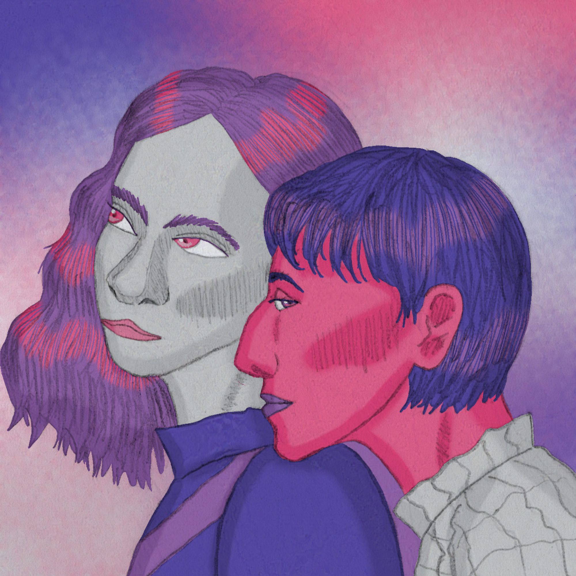 ID: Digitally colorized pencil drawing of Tally (sharp faced white girl with shoulder length messy hair) and Shay (east asian girl with short hair), cut off below the shoulder. Shay has her head on Tallys shoulder. It is colorized in the colors of the bi pride flag mixed with two tones of white.