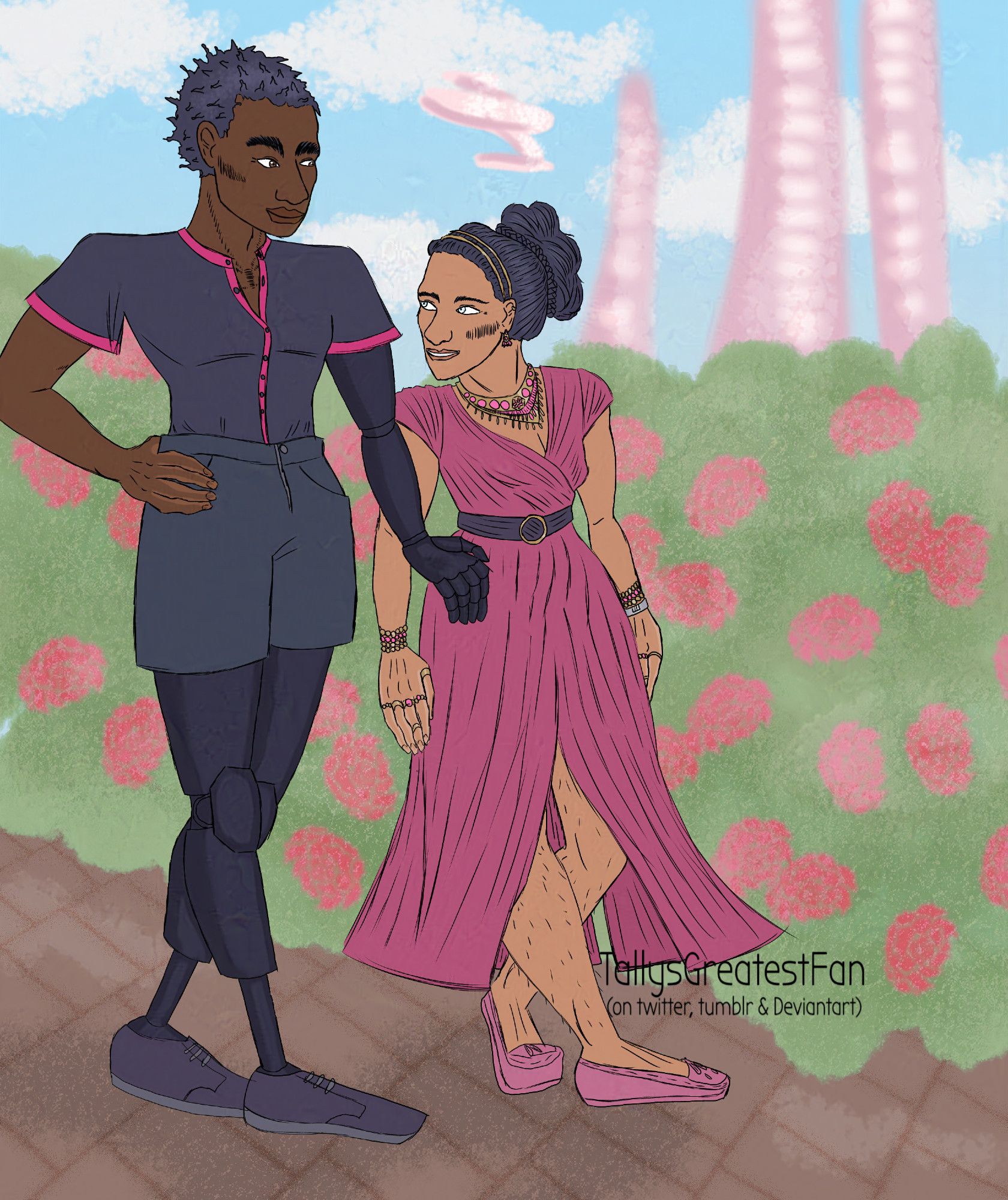 ID: Digital drawing of Laurent, a lanky black man with one prosthetic arm and both legs being prostheses, wearing a polo shirt and a high waisted short trouser, and Nara, a shorter, petite brown woman with long hair, wearing a summer dress, walking beside each other. She is smiling at him. In the background is a hedge and several futuristic buildings and a spaceship.