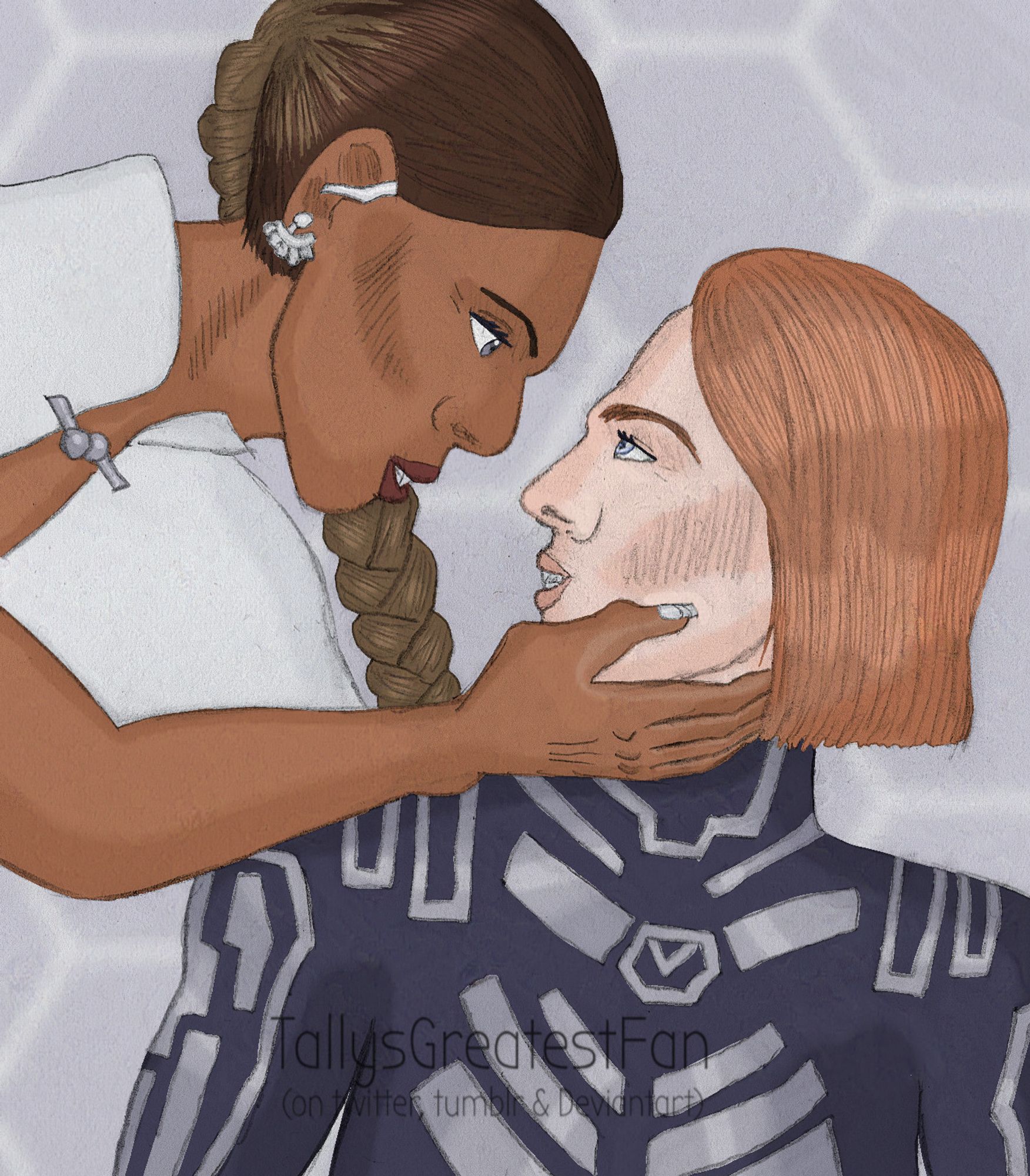 ID: Digitally colorized pencil drawing of Dr. Cable, a rather angular-faced, intimidating looking black woman with eerie grey eyes and long, straightened hair, leaning over an equally sharp faced white woman with chin-length red hair, wearing some kind of futuristic armor, and caressing her chin.