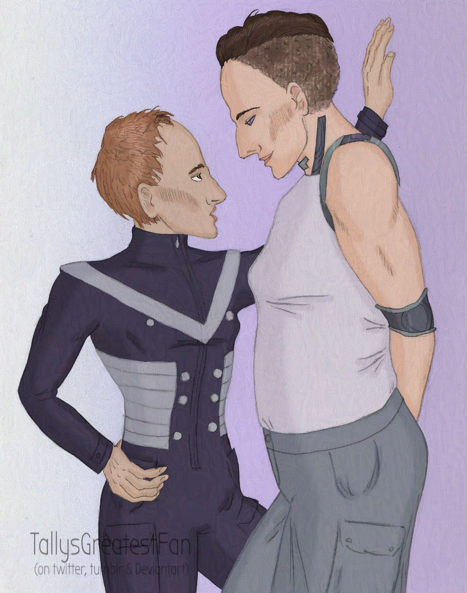 ID: Digitally colorized pencil drawing of two short haired, fairly masculine women standing closely in front of each other. The shorter one, Rana, has red hair and an angular face with a crooked nose, she is petite and wears an black overall uniform, and leans kind of dominant close to the taller woman, h_rd, who too has an angular sharp face with a crooked nose. She wears a tanktop, leaving free her muscular arms with cybernetic implants