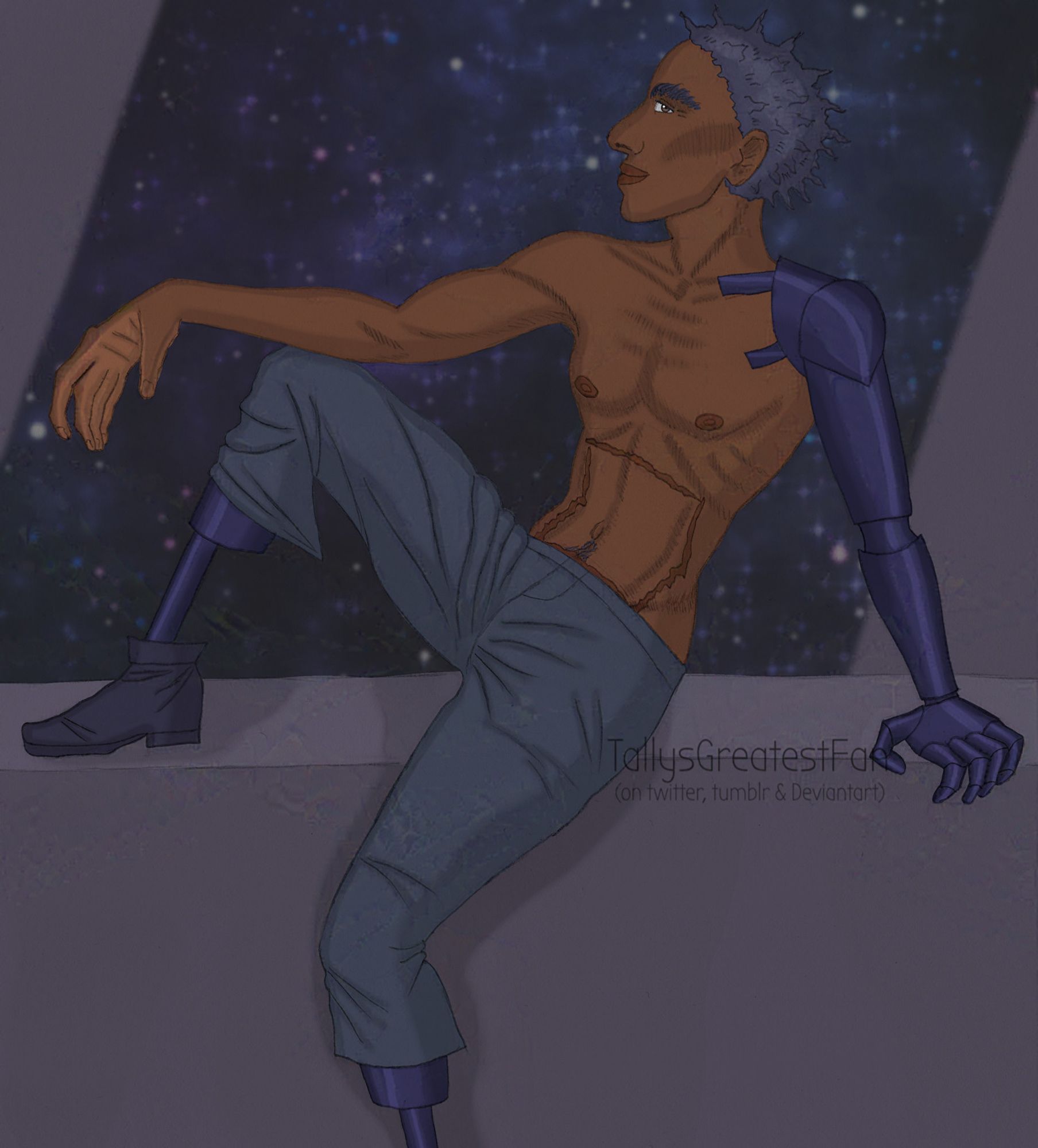 ID: Digitally colorized pencil drawing of a slender black man, shirtless, with his left arm being a prosthesis and the small bit of leg visible on both sides too, sitting in on a shelf in a seductive pose. There are stars behind him, as if he is on a spaceship.