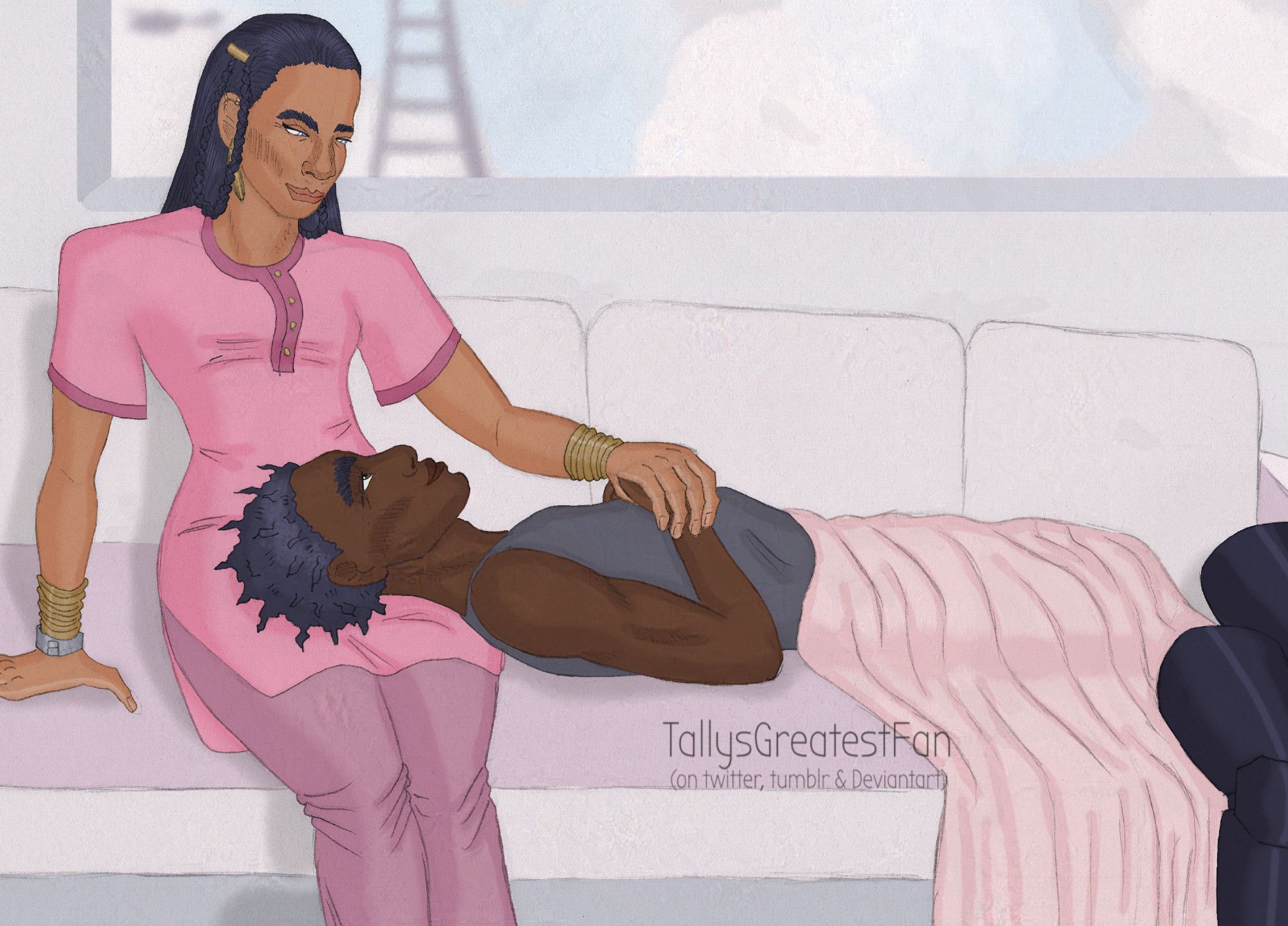 ID: Digitally colorized pencil drawing of Nara, a petite desi woman, sitting on a couch, with Laurent, a lanky black man, resting his head in her lap. They are looking tenderly at each other. From the way the blanket falls, it is visible that Laurents legs are amputated below mid thigh.