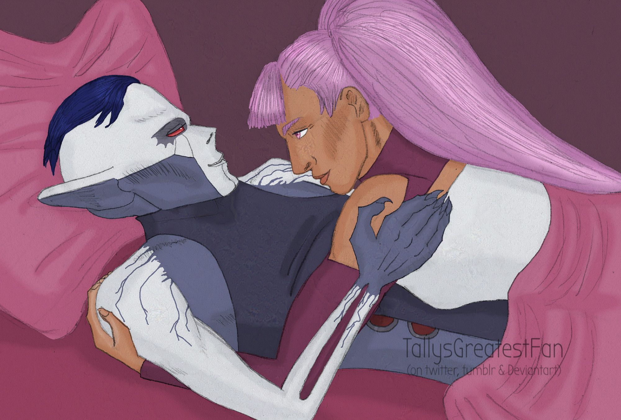 ID: Digitally colorized pencil drawing of Entrapta, a wiry brown woman with very voluminous purple hair, resting on the chest of Hordak, a very skinny bat-like, pointy eared alien. They look each other deep in the eyes.