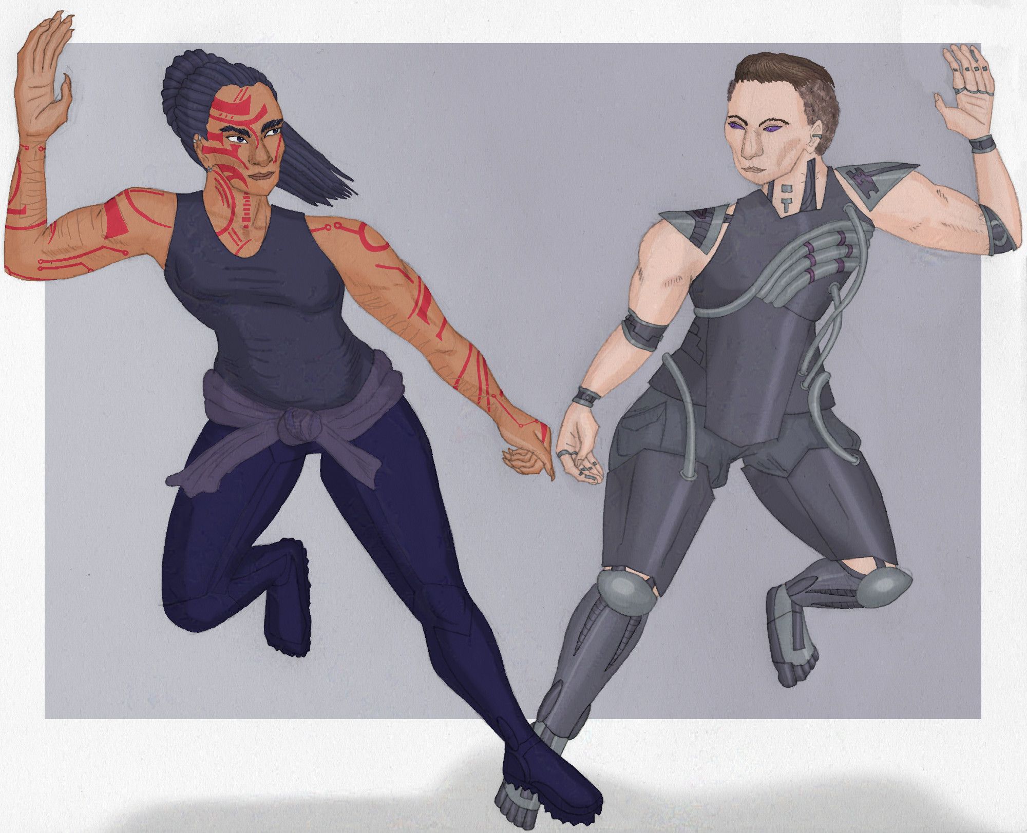 ID: Digitally colorized pencil drawing of two women mirroring each others running pose: On the left is a muscular black woman with tattoos all over her face and arms and self-harm scars on her arms, wearing an tank top and an futuristic overall. On the right is a muscular white woman with oddly metallic eyes, implants visible on her bare arms, wearing futuristic armor.