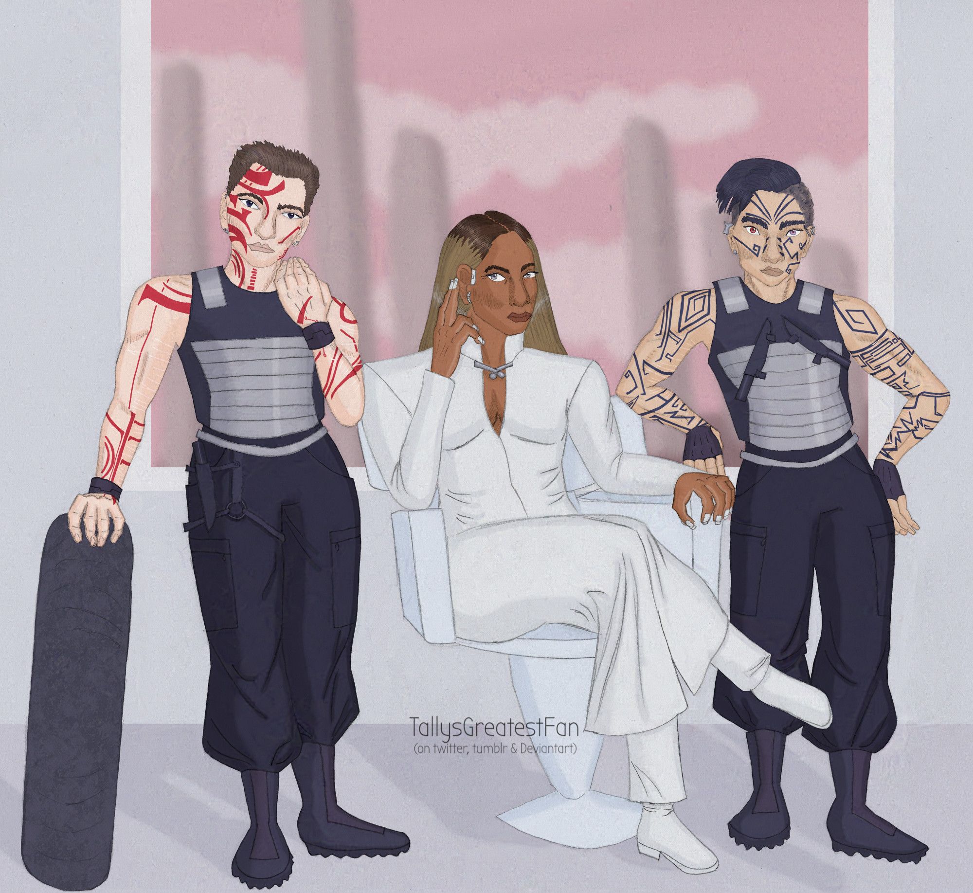 ID: Digitally colorized pencil drawing of three women. 
1.Tally, a petite but wiry white girl with red tattoos, short hair and self harm scars all over her arms, wearing some kind of futuristic military clothes.
2. Dr. Cable, a middle aged black woman with long blonde dyed hair and intense grey eyes, sitting on a chair beside her, wearing a long white robe.
3. Shay, an east asian girl with short, asymmetrical hair, tattooed dark blue and also with scars, wearing the same uniform. She is leaning on Dr. Cables chair.