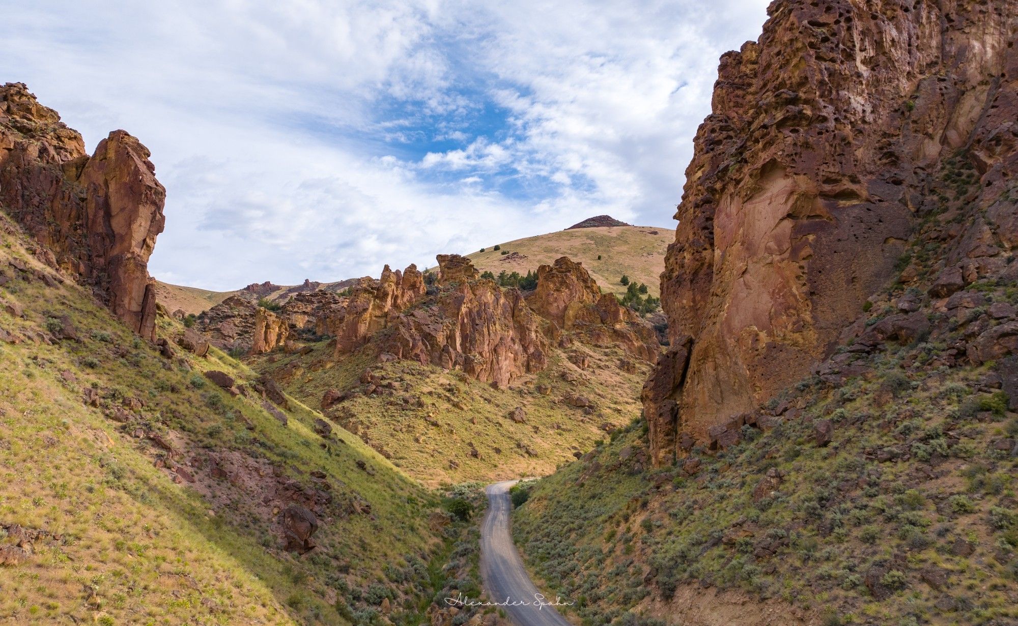 A winding dirt road cuts through a gulch with green vegetation and towering golden rocks on both sides.