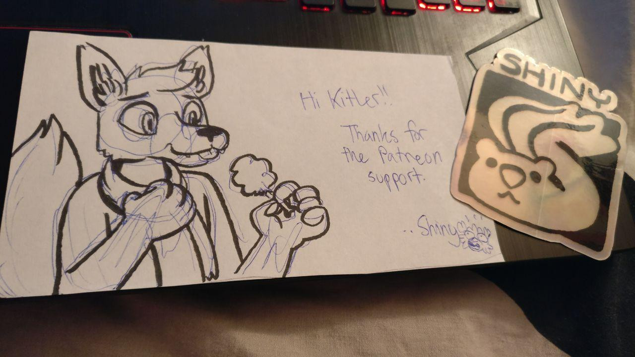 A quick traditional sketch of Kitler enjoying a chicken nugget on a toothpick. Text thanking me for supporting Shiny's now defunct Patreon.