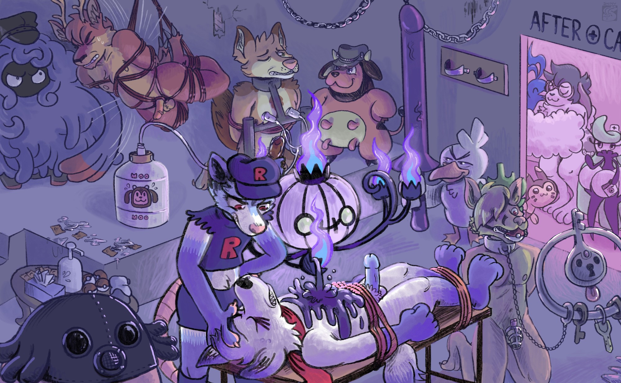 "Pokemon BDSMystery Dungeon" The centerpiece is a waxplay scene. My opossum, Cavities, is in a Team Rocket outfit using a Chandelure to pour hot wax on my arctic fox, Kitler, who is tied to a table. Surrounding scenes include Chancy in a gimp mask, a chastity scene with Klefki, impact play with Tangrowth's tentacles, a milking scene with Miltank (as the dom), Sirfetch'd with a giant purple dildo lance, and an aftercare room with Tsareena and Altaria.