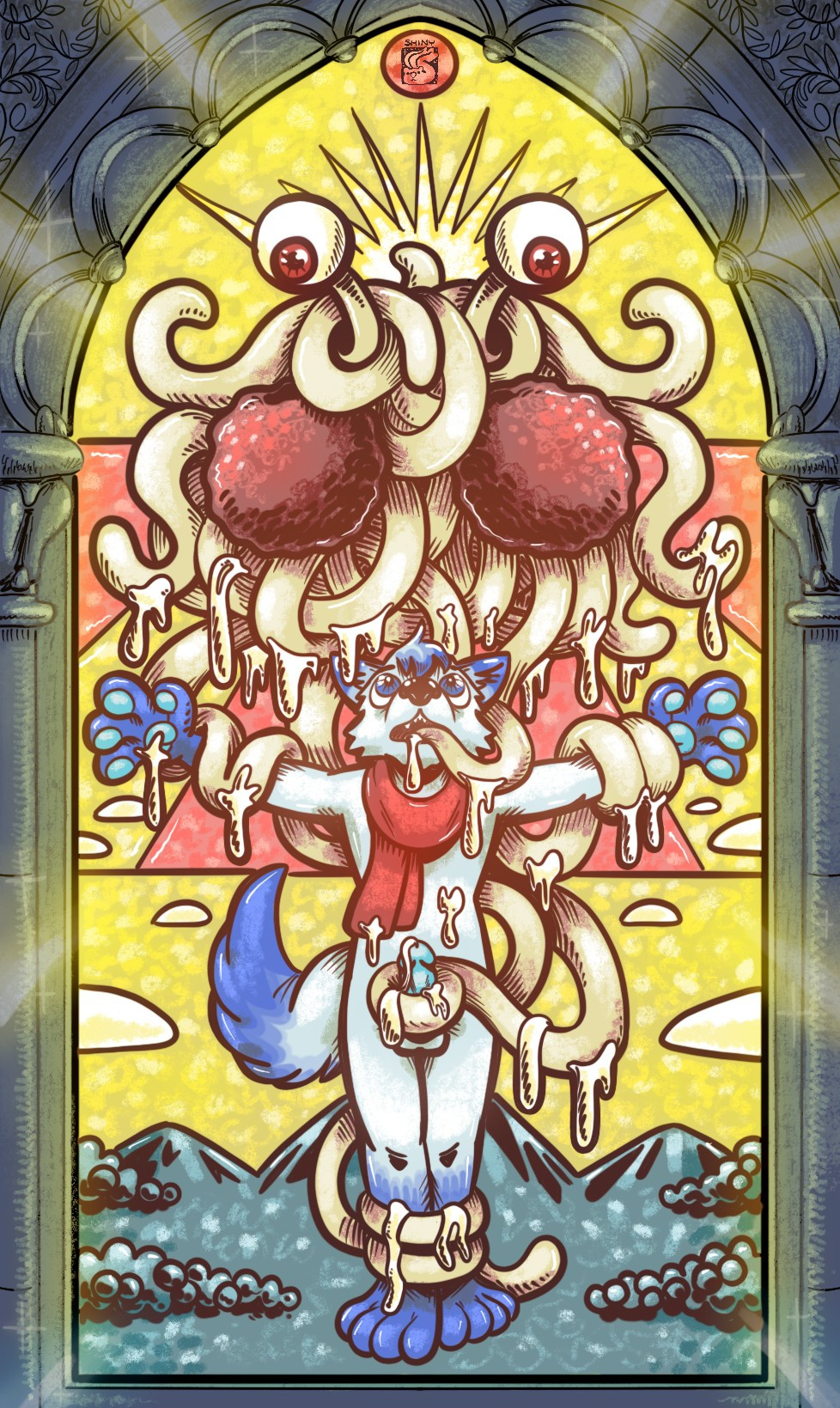 A stained glass style piece of my arctic fox, Kitler, being in the holy embrace of the tentacles of the Flying Spaghetti Monster, covered in "alfredo sauce."