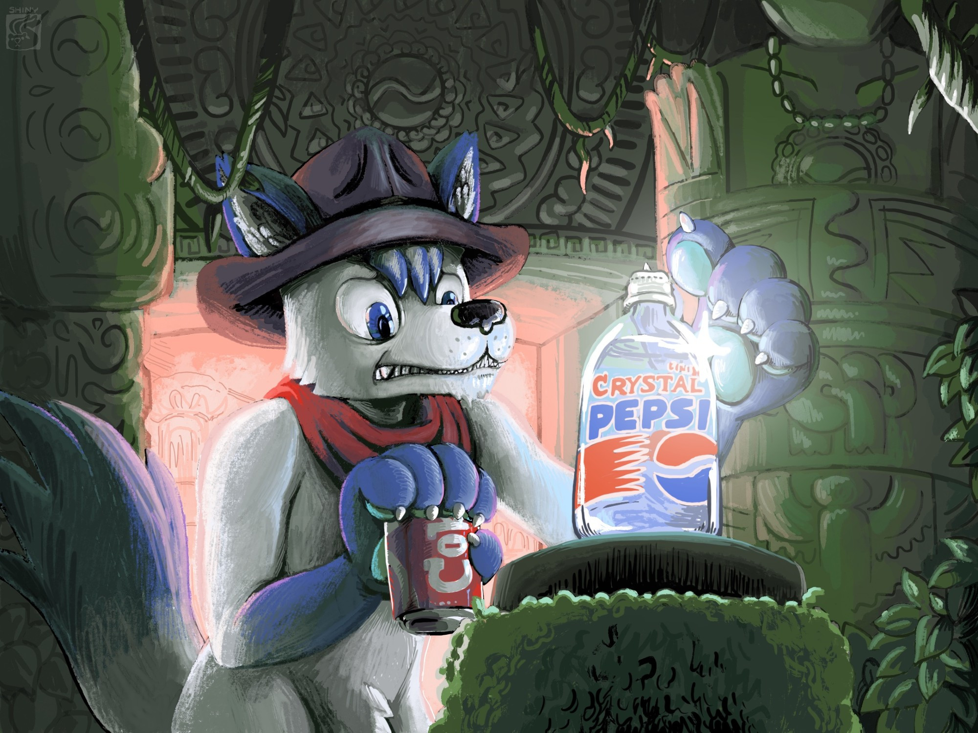 A homage to the classic scene from Indiana Jones: Raiders of the Lost Arc where my arctic fox, Kitler, is grabbing an idol from a pedestal except the idol is now a bottle of Crystal Pepsi, the sandbag is a can of New Coke, and the temple is ultra detailed with pepsi iconography. 