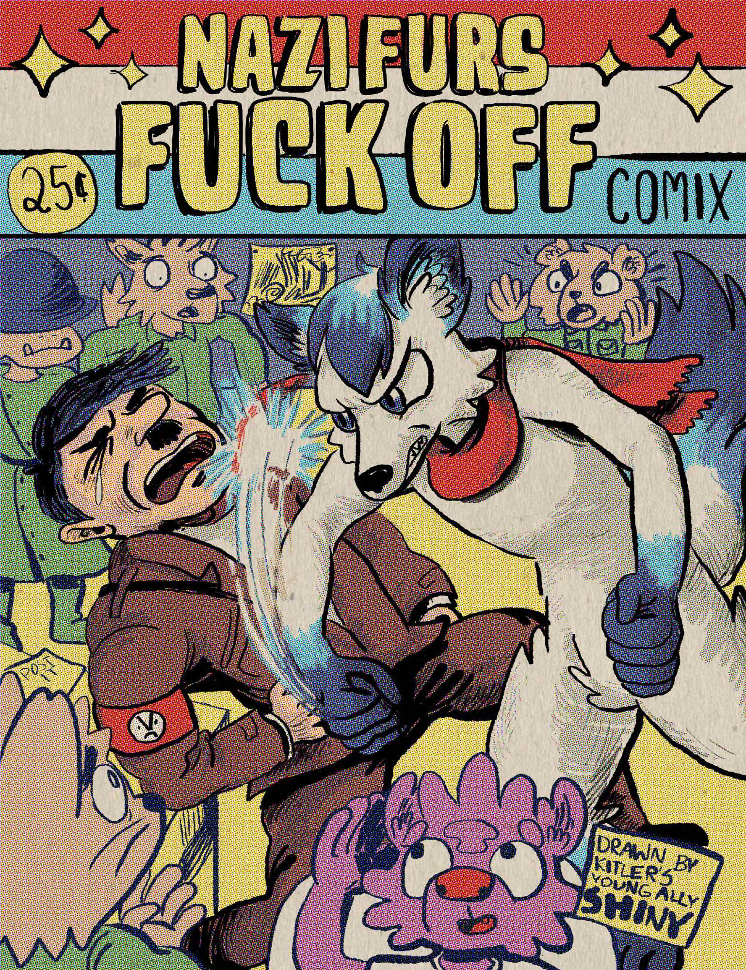 A recreation of the classic Captain America comic cover of punching Hitler except it's my arctic fox fursona punching him. The title at the top reads "NAZI FURS FUCK OFF"