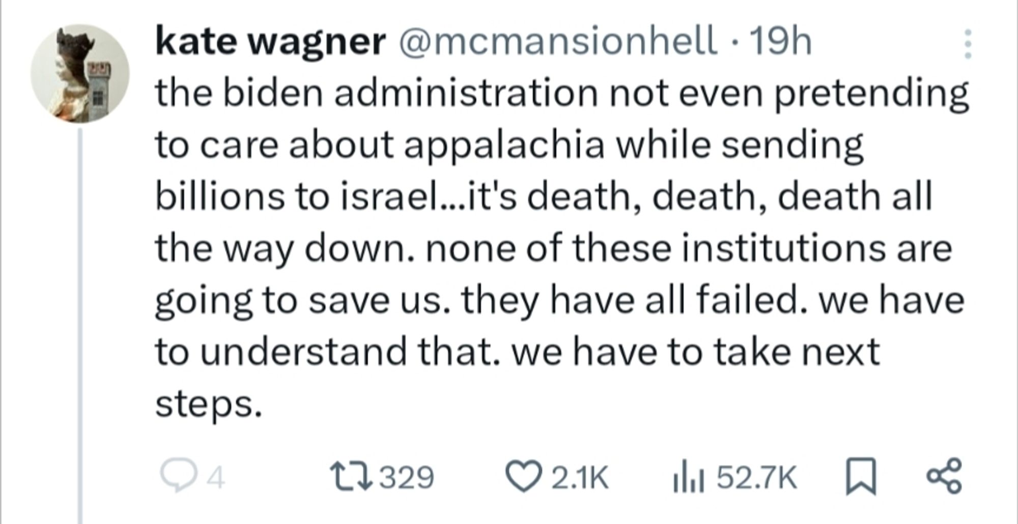 A tweet from a popular leftist architecture critic claiming the Biden administration does not care about Appalachia