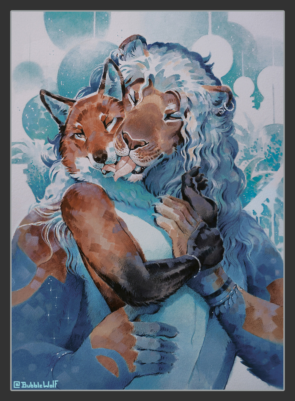 An anthropomorphic Fox and Lion embracing 