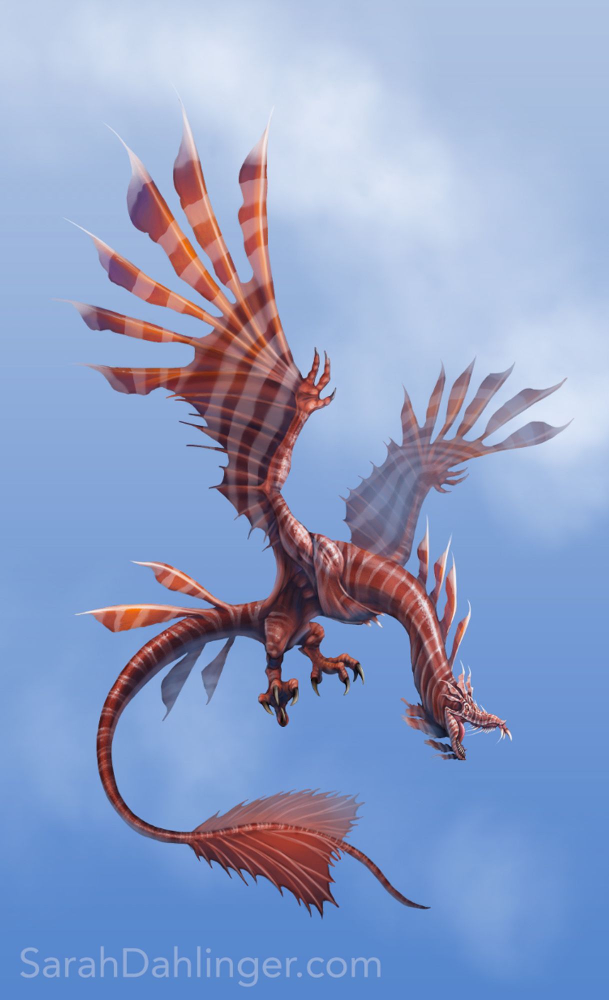 Wyvern combined with a lion fish. Red in color with big spines on it's wings.