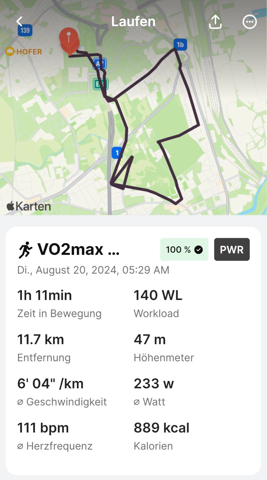 Lauftraining 20.08.2024 morgens - VO2max Intervalle