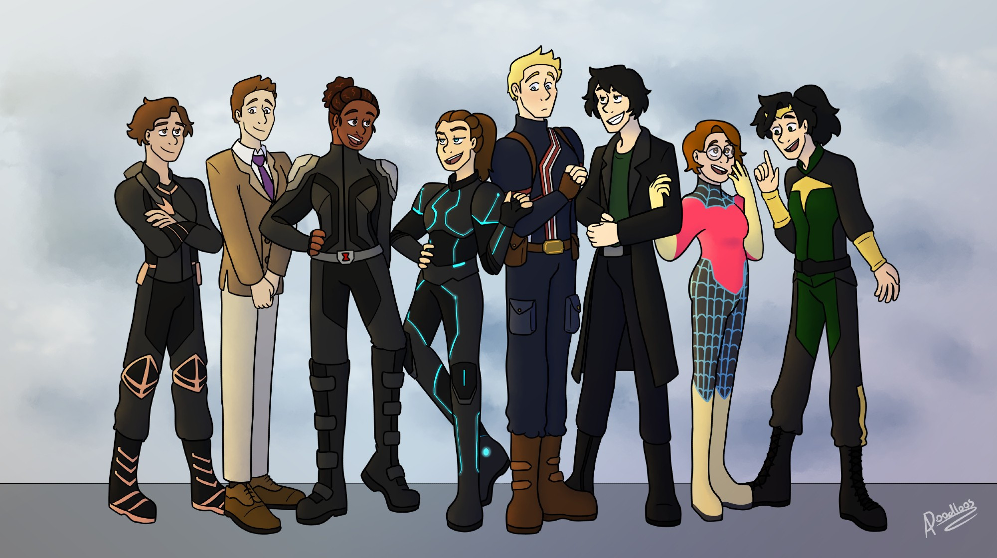 OCs from left to right:
Caleb Christianson (apprentice to Hawkeye. basically adopted by Clint.)
Jacob Davali (The groups' "guy in the chair." Not a field agent, but helps direct during missions)
Roxy Romanoff (former Black Widow agent. Rescued and adopted by Natasha.)
Omilia Stark (Daughter of Tony Stark. A mutant who can shoot lightning from her hands.)
Jason Rogers (created to be the next Captain America. Super Soldier)
Logan Carter (Son of Loki. Sorcerer and trained swordsman)
Maddie Parker (spidergirl. normal spiderman powers, but her eyesight was never cured)
Shade Carter (Daughter of Loki. Logan's little sister. Also a sorcerer and fights with daggers)