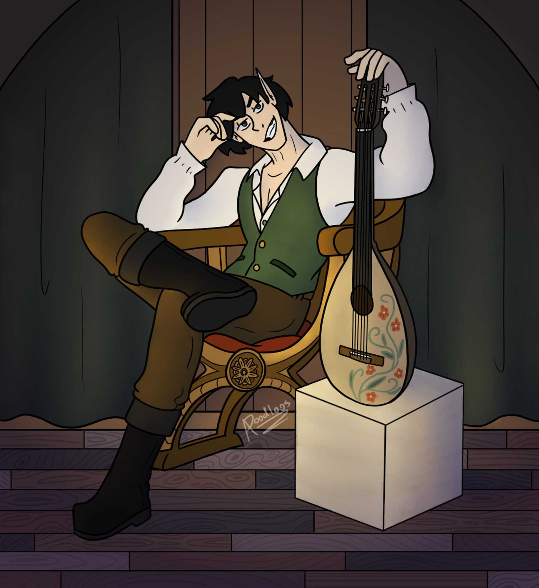 Logan sitting and posing with his lute