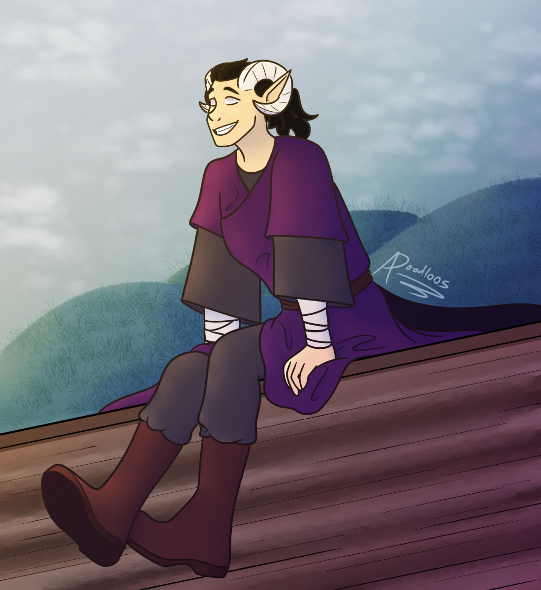 Tiefling!Shade sits on a wall and watches the sunset