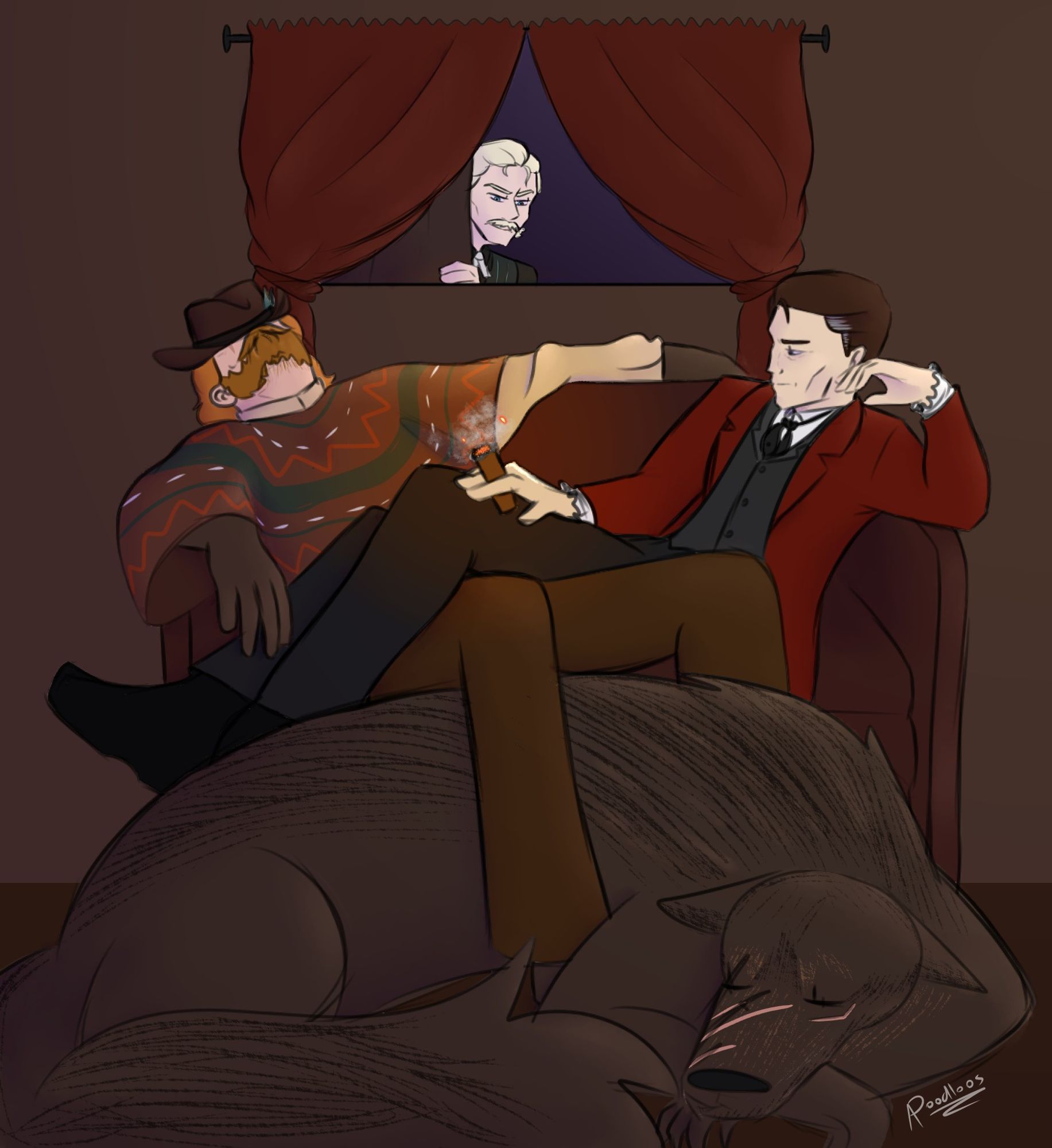 Felix and a very stressed out Buck take a nap in Boucher's room while Boucher smokes a cigar. Vince watches through a window like a little freak