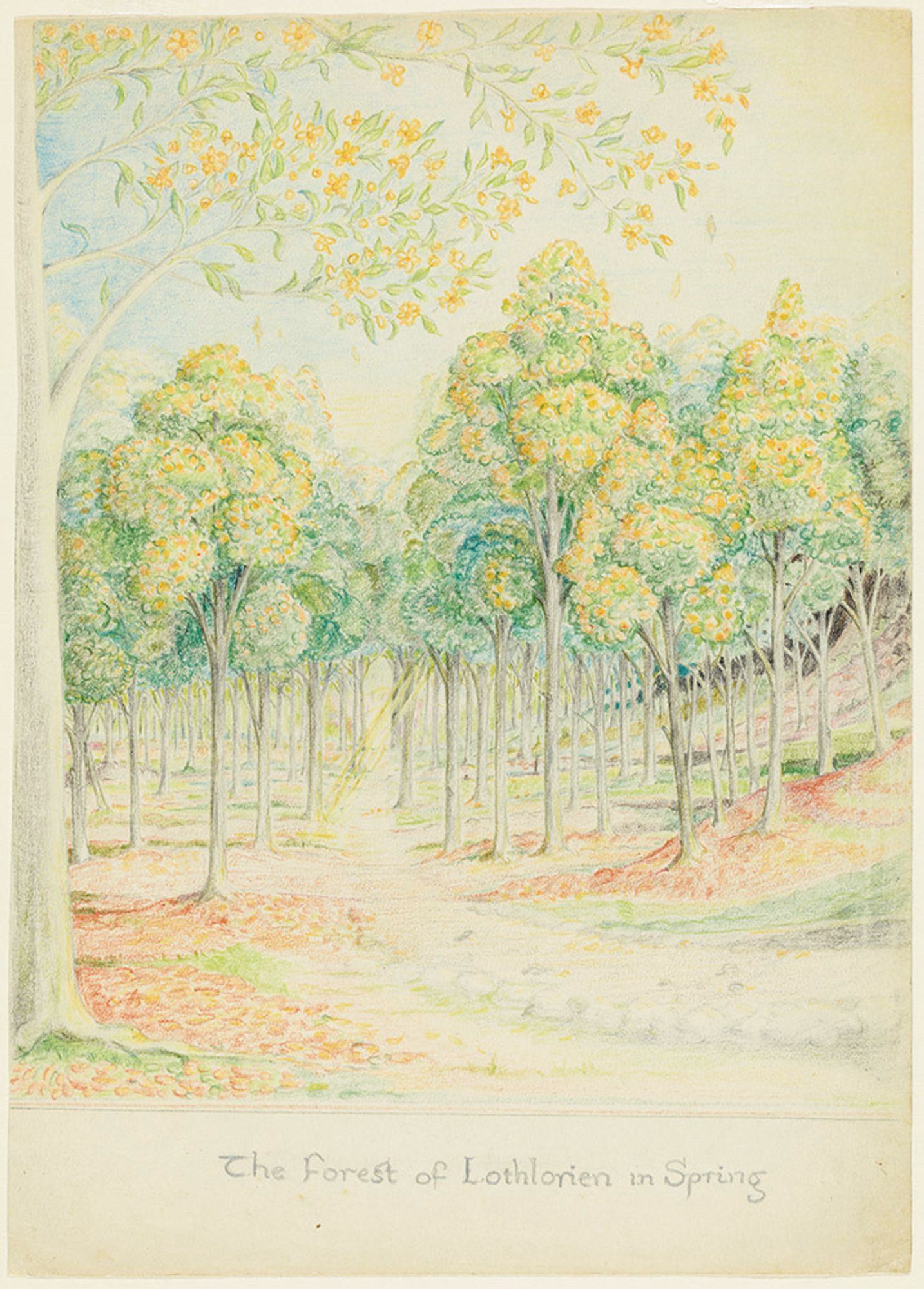 'The Forest of Lothlorien in Spring', early 1940s, illustration by Tolkien. The mallorn trees of Lothlórien retained their golden leaves throughout the winter. In spring as the new green leaves opened and the yellow flowers blossomed on the trees, the leaves fell to the ground in a golden carpet.