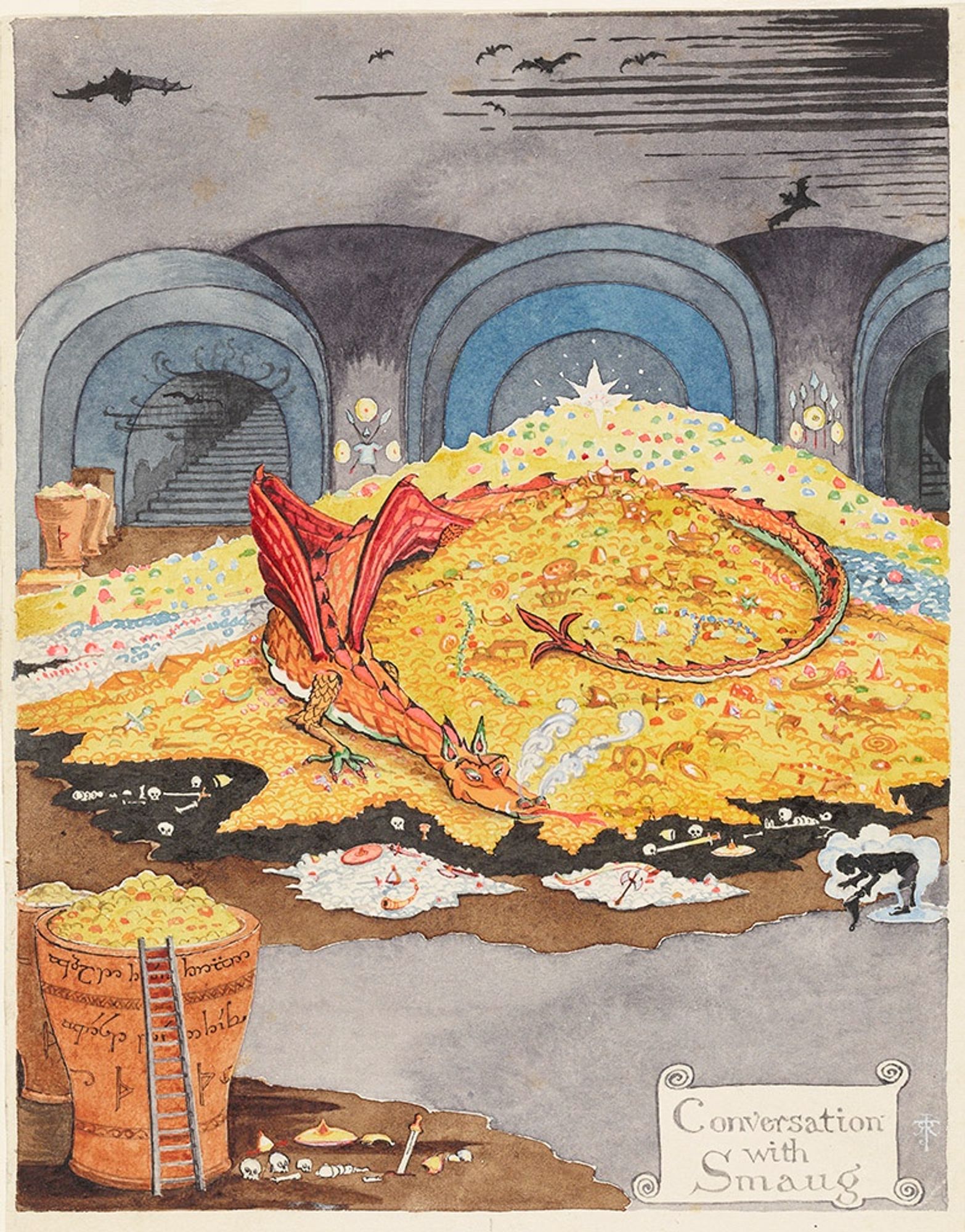 “Conversation with Smaug,” July 1937, by Tolkien. A richly coloured painting shows Smaug the dragon with his tail curled possessively around the treasure. Although Bilbo is invisible (indicated by the surrounding cloud), he is taking no chances and makes a deep bow to appease the dragon.