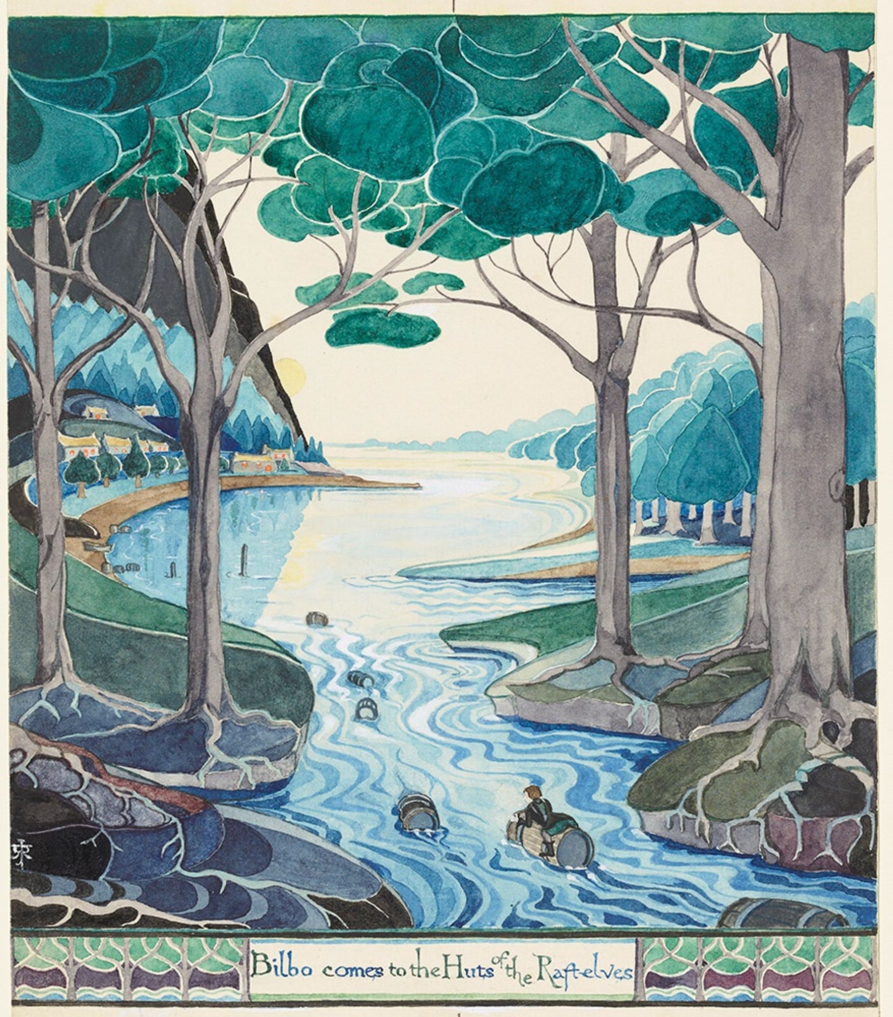 'Bilbo comes to the Huts of the Raft-elves', July 1937, illustration by Tolkien. Rich, cool colors depict Bilbo floating down a river toward sunlight beneath towering trees.