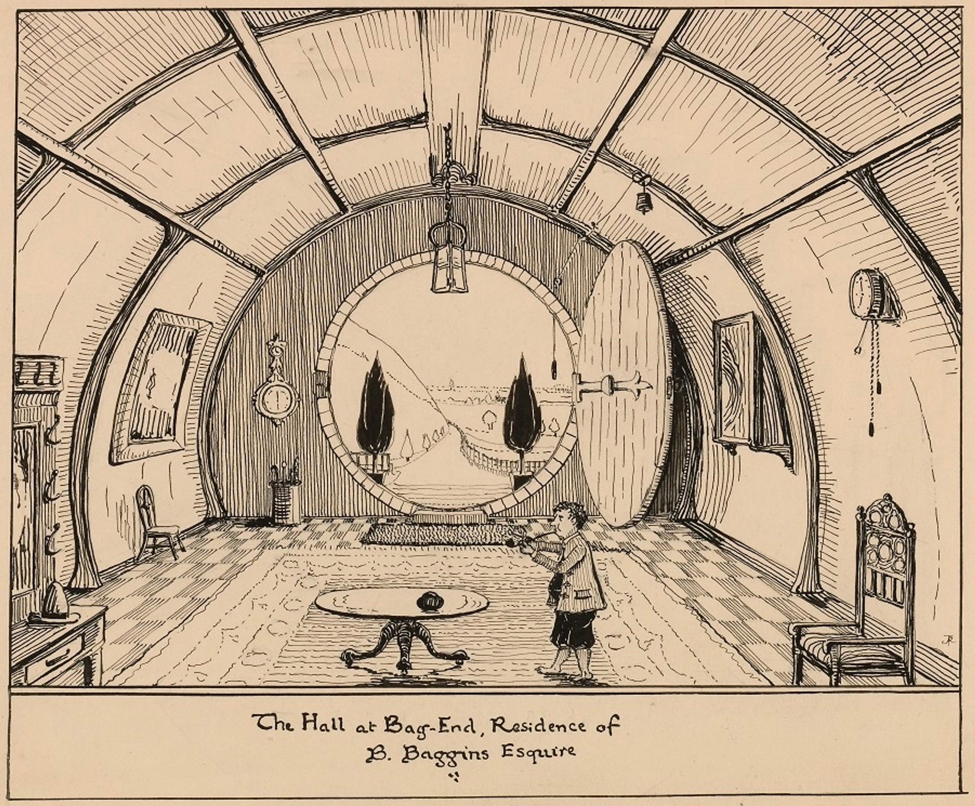 'The Hall at Bag-End, Residence of B. Baggins Esquire, January 1937, ink sketch by Tolkien. Bilbo's cosy hobbit hole contains the trappings of a typical, well-to-do English household of the 1930s, except for its round door. Bilbo smokes a pipe in the foreground.