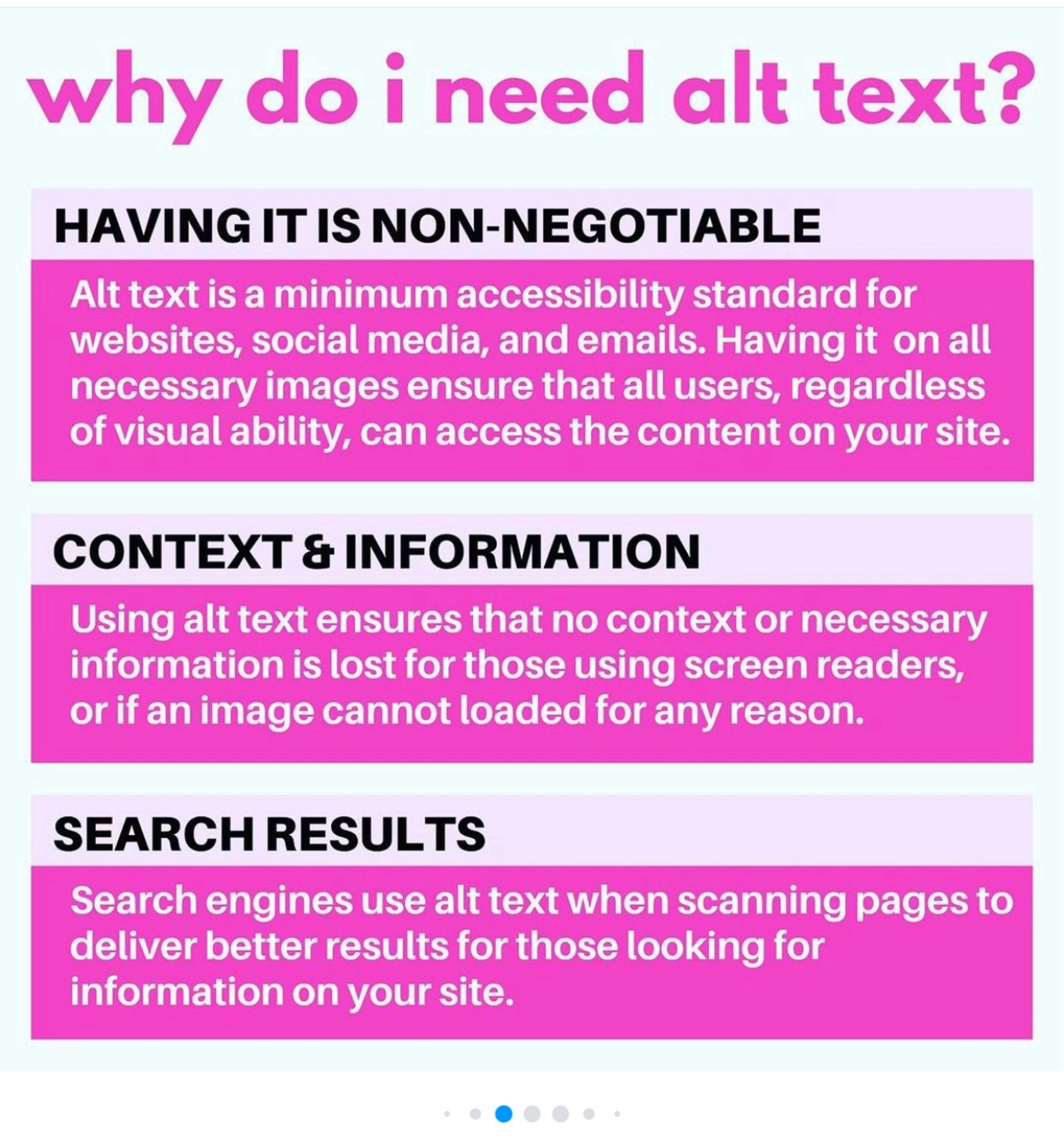 Infographic entitled, “Why do I need alt text?”

1) Having it is non-negotiable
Alt text is a minimum accessibility standard for websites, social media, and emails. Having it on all necessary images ensure that all users, regardless of visual ability, can access the content on your site.

2) Context and Information 
Using alt text ensures that no context or necessary information is lost for those using screen readers, or if an image cannot loaded for any reason.

3) Search Results 
Search engines use alt text when scanning pages to deliver better results for those looking for information on your site.