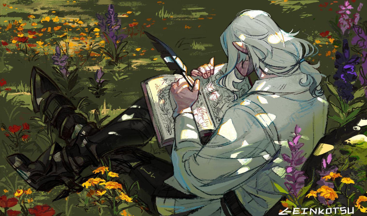 A digital art drawing of a  monochrome elf with white hair and shirt and black armored legs sitting against a green, mossy rock within in a green, grassy field of flowers. Orange, yellow, red, pink and purple flowers cover the field he is sitting in. He holds a quill pen in his scarred left hand. The journal he writes in is filled with pictures of flowers and unknown notes. Bright yellow and white sunlight filters through the tree canopy. The shadows of his white clothes and hair are reflecting green and blue of the scenery.