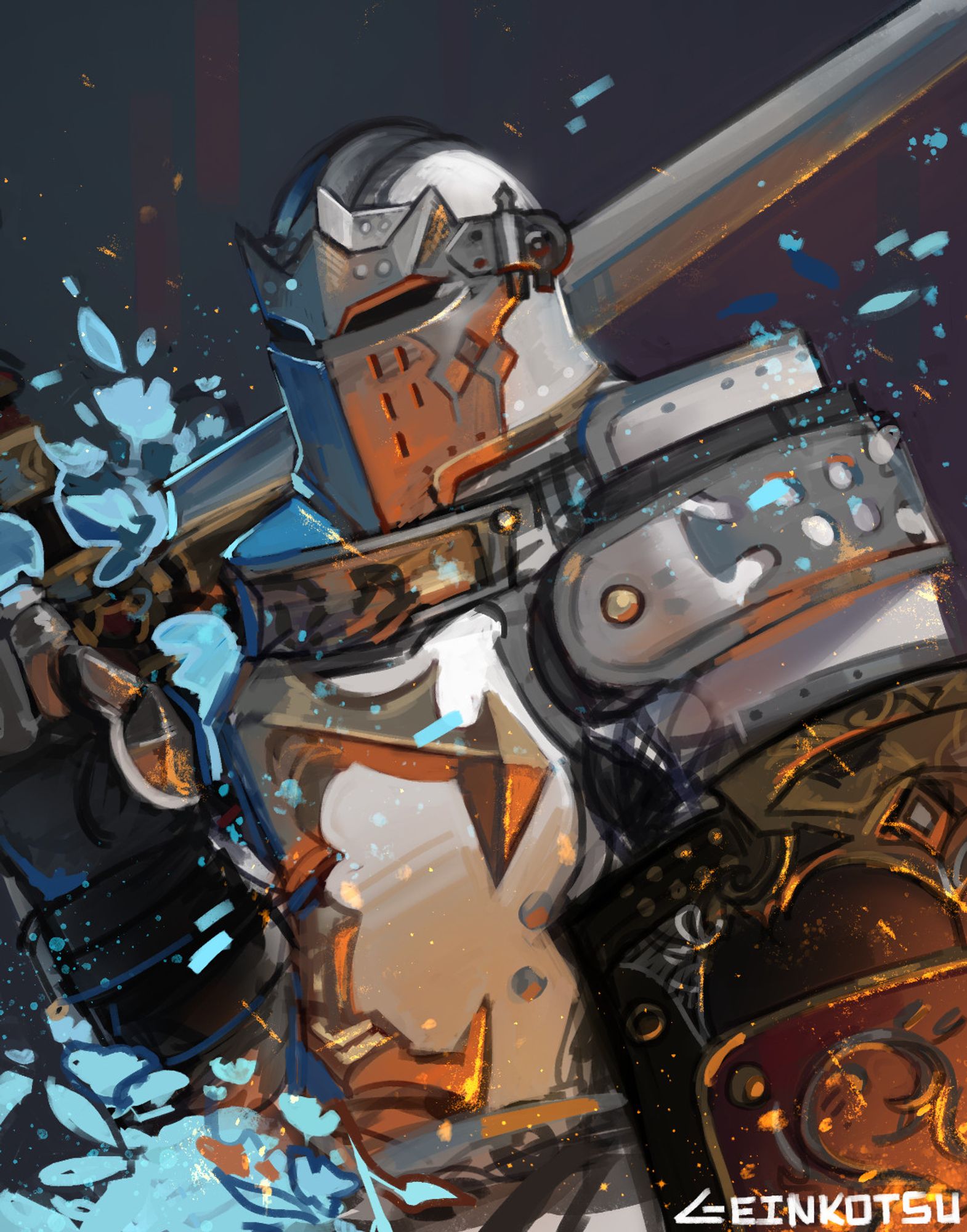 A digital artwork painting featuring a paladin in full armor. Featuring sword and shield, with dual conflicting colors of orange and blue implied to be sparks of fire or spiritual flowers.