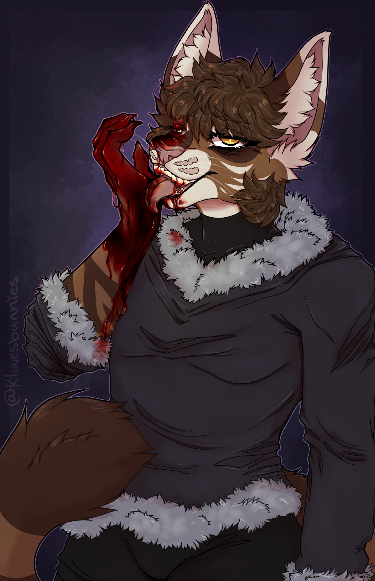 Alexei, a large brown and creme coloured cat beastman, licks blood from his blood soaked hand. 

#furry #furryart #horror #blood #darkthemes #horrorartist #goreartist