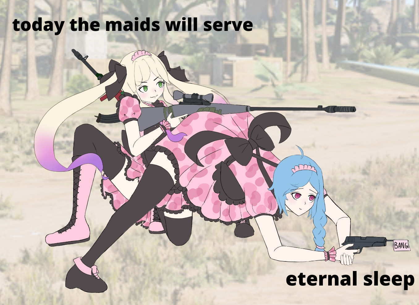 a blonde girl in a maid uniform is using another blue haired maid girl's booty as a gun rest, it looks like it was drawn with crayons, but is clearly the work of a superior artist.