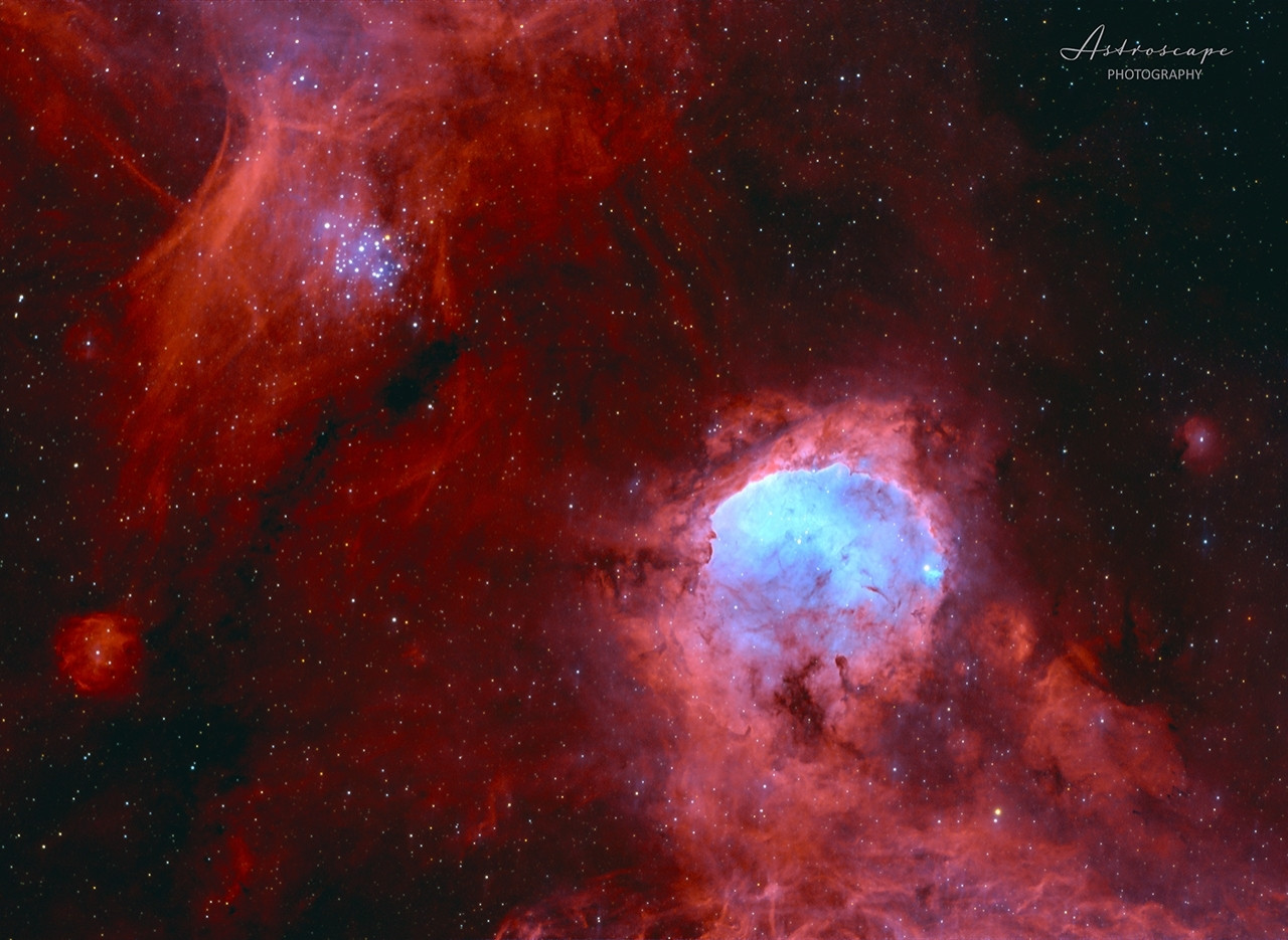 A narrowband image of the Gabriela Mistral Nebula and the Gem Cluster, both in the constellation of Carina. A narrowband image taken with a ZWO 2600mc, through a Skywatcher 190mm Mak-Newt with an Antlia dual-band filter.