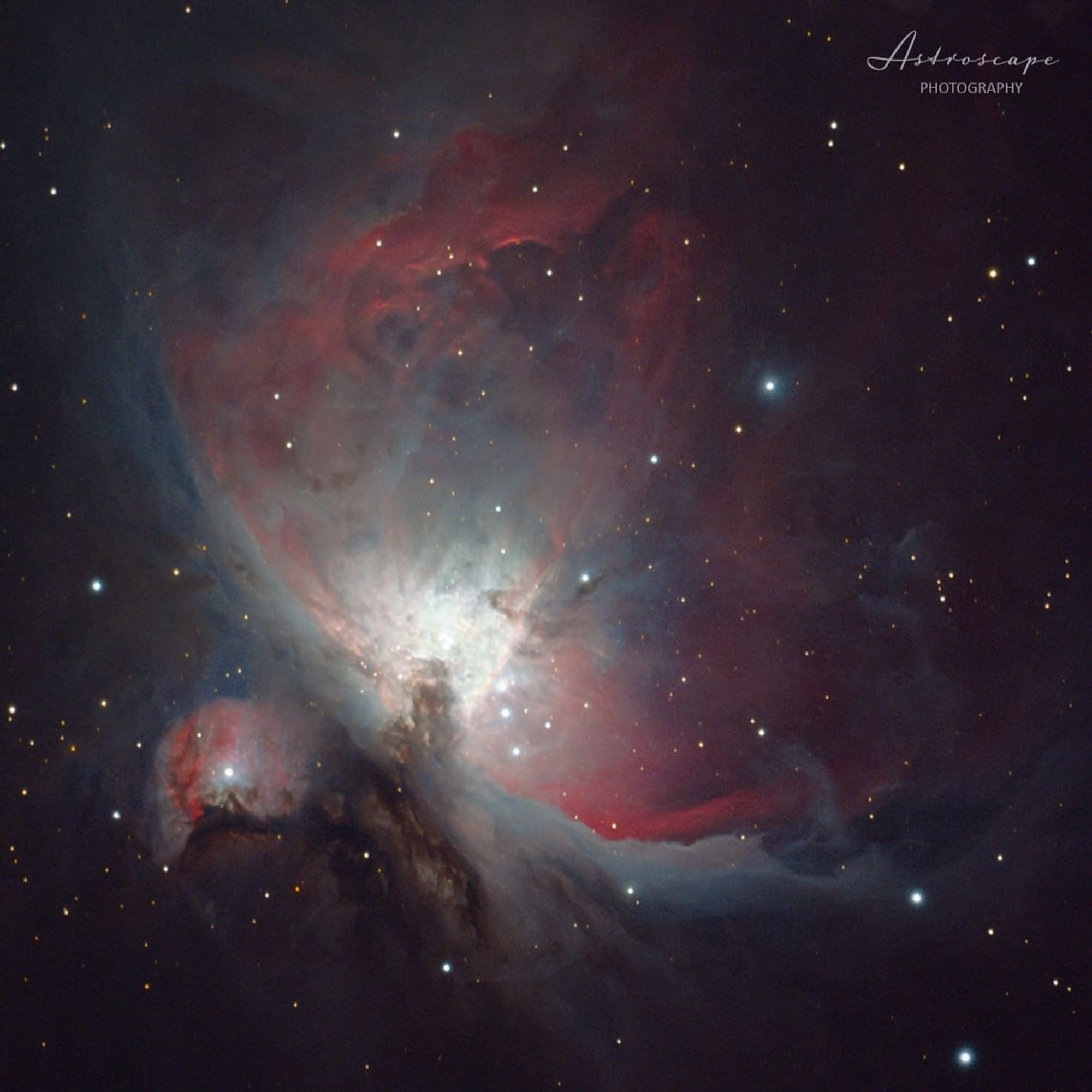 An image of the famous Orion Nebula. It's a large, bright Nebula, which fills the frame & shows hues of red & blue. The brightest part is at centre-left, and contains the trapezium: a group of 4 stars close together forming the verices of an imagined trapezium (although two other faint companion stars may be visible in large telescopes).