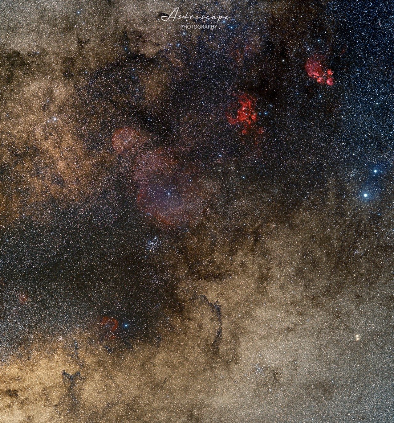 2 panel mosaic of the Scorpius Milky Way. Several nebulae and clusters can be seen, along with a number of dark patches of obscuring dust. 
Taken with a modified Pentax K-5iis DSLR and a Samyang 135mm lens.