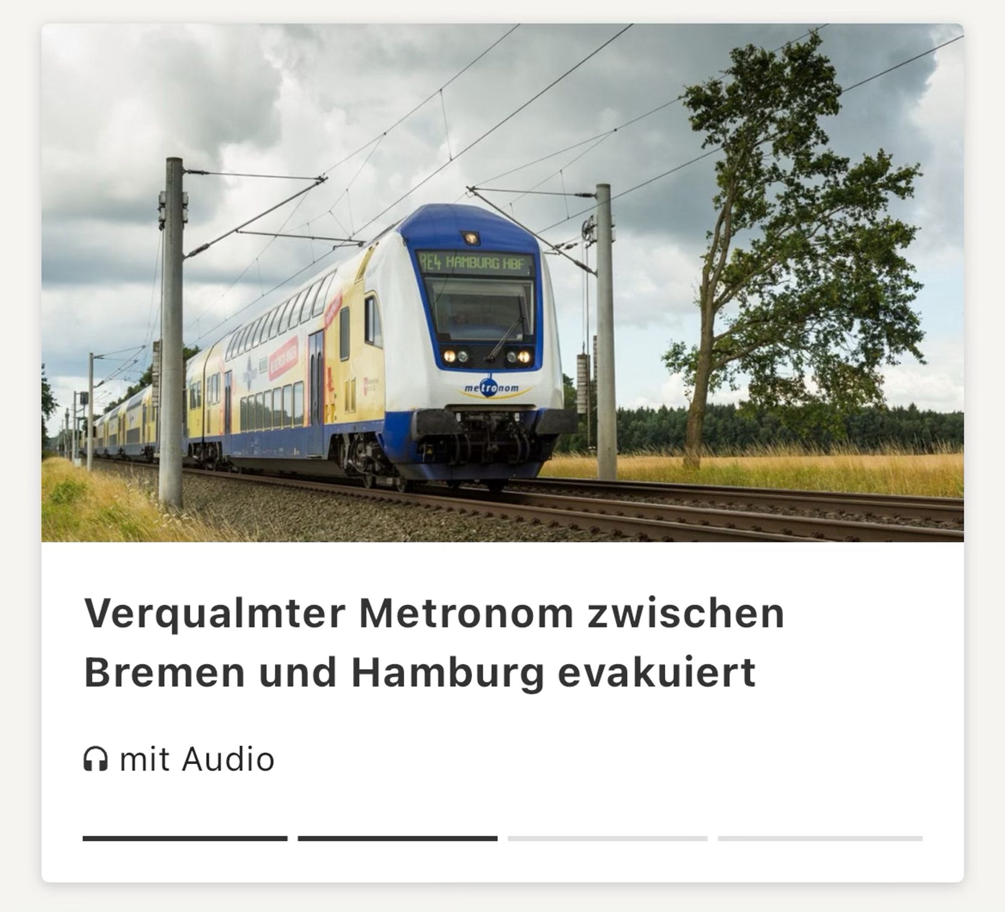 Screenshot eines Newsteasers zum Artikel "Verqualmter Metronom zwischen Bremen und Hamburg evakuiert"