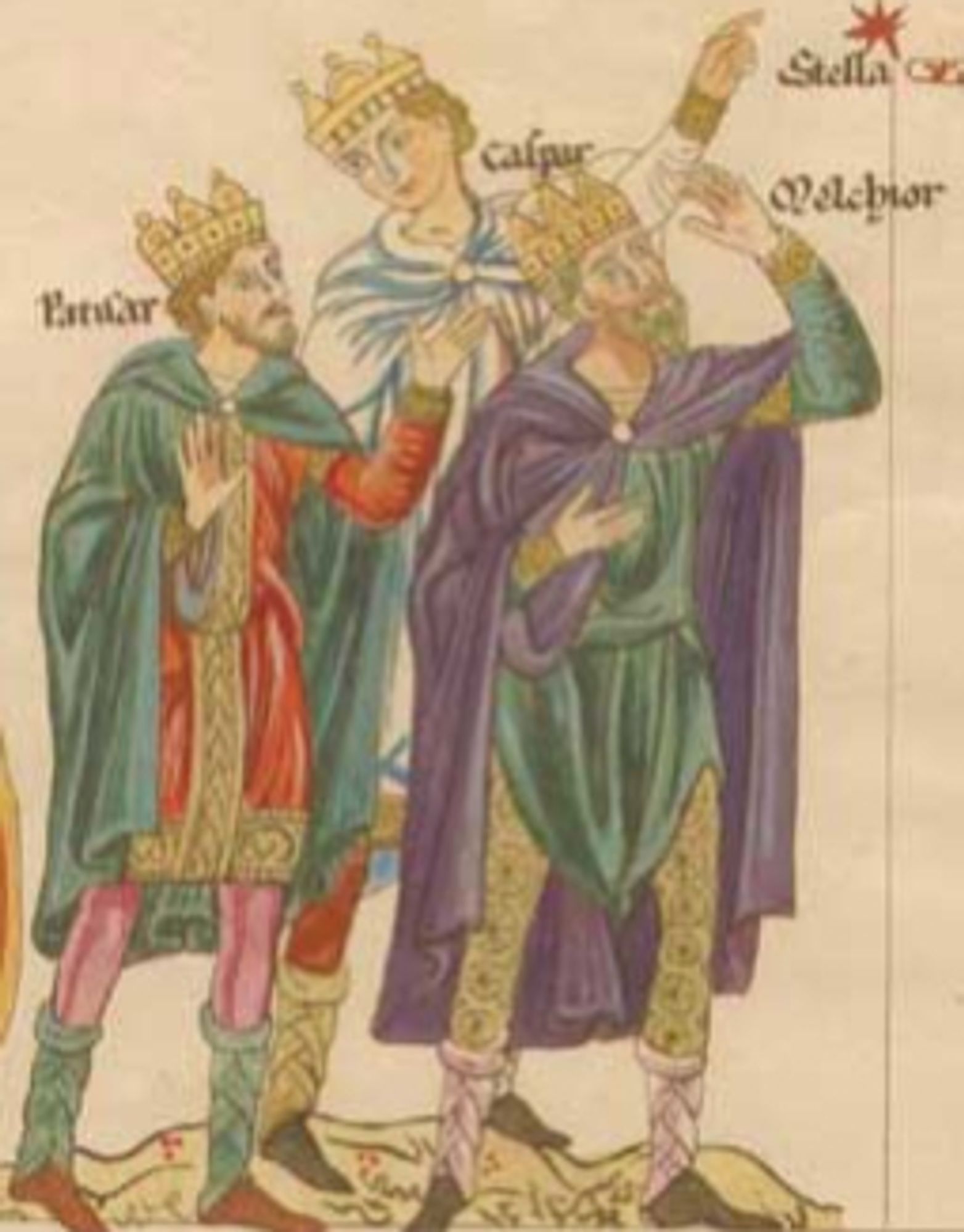 an illumination depicting three men in medieval clothing wearing crowns who point to a star just beyond the upper right edge of the drawing; from left to right they are labeled Balthasar, Caspar, and Melchior; original drawing by Herrad of Landsberg reproduced by Christian Maurice Engelhardt, 1818 via Wikimedia Commons (public domain)