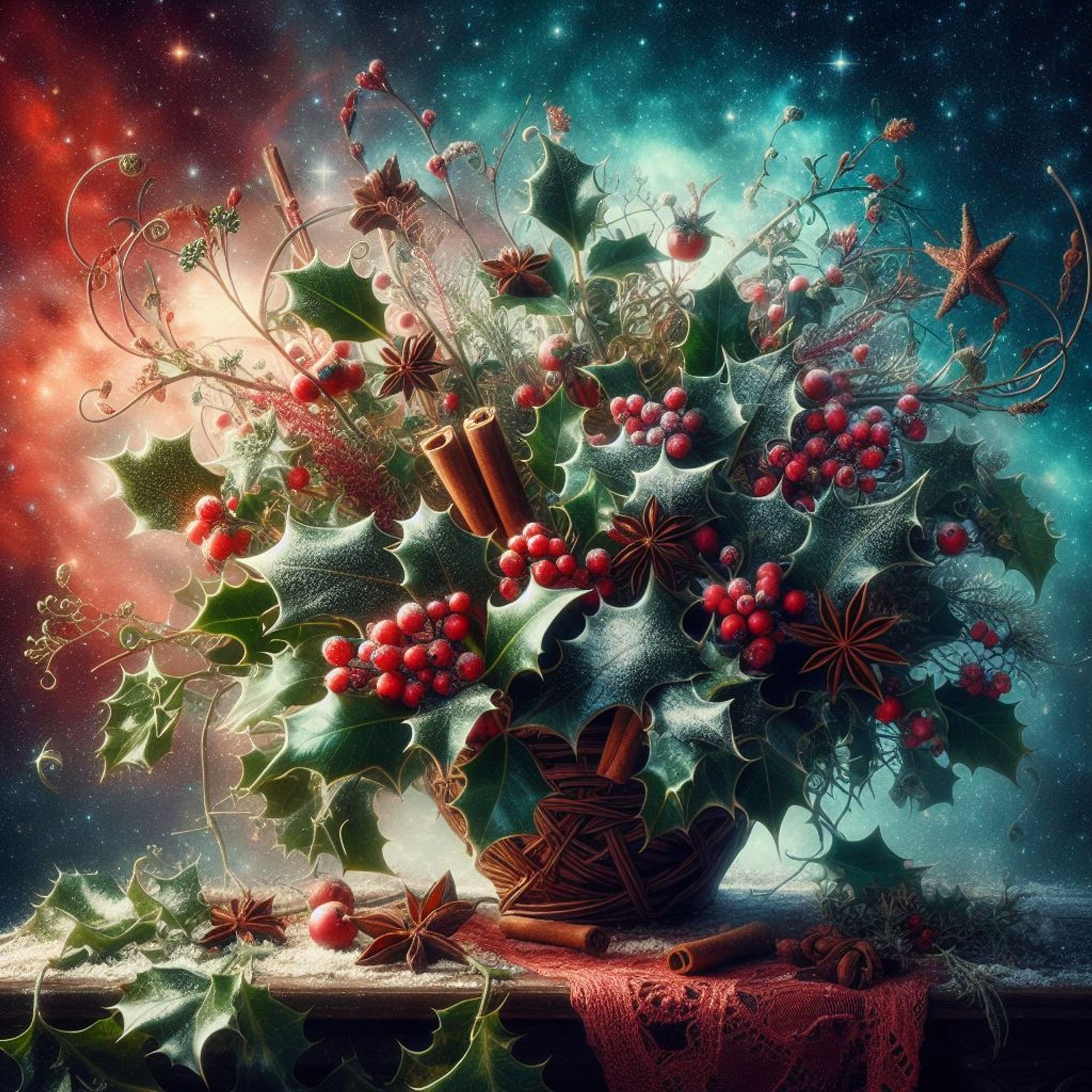 still life of holly leaves and berries, cinnamon sticks in a bowl on a table against a spacey background, courtesy Bing Image Creator