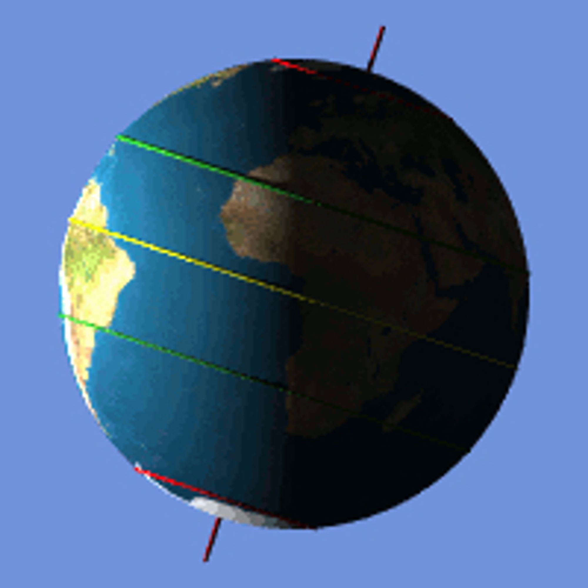 Rotating image of Earth oriented for northern hemisphere winter solstice with the North Pole in perpetual darkness and the South Pole in sunlight, courtesy jimht and Joost (copyright free) via Wikimedia Commons