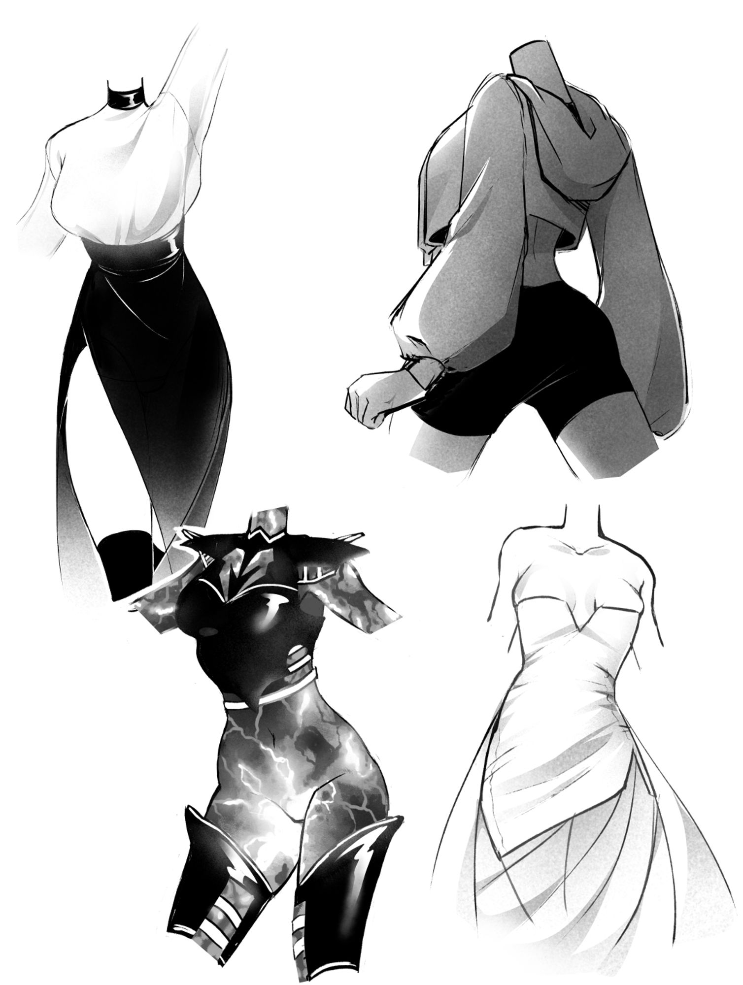 A collage of four different outfits.  Top left: a loose fitting, slightly transparent shirt and high-waist, long skirt with a slit on one side; Top right: cropped hoddie and athletic shorts; Bottom left: armor from The Elderscrolls 4 Oblivion's fire atronach; Bottom right: strapless dress with a small slit down the chest and on one leg, and transparent drappery