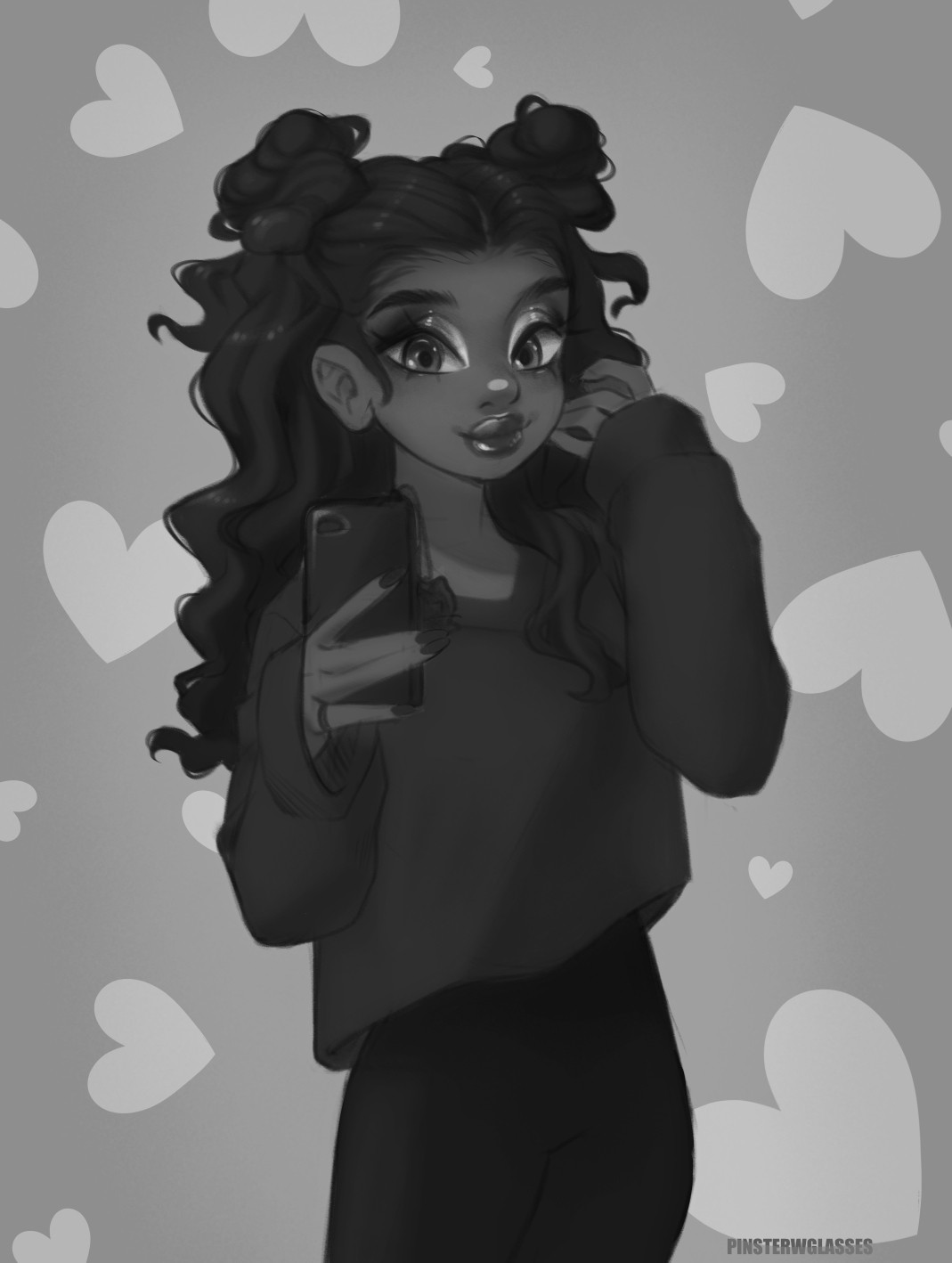 An anime image of a young black girl.  She has a striking cut crease and half of her wavy hair is tied into twin buns and the other half is left loose behind her shoulders.  She is wearing an oversized, cropped sweater, and yoga pants.