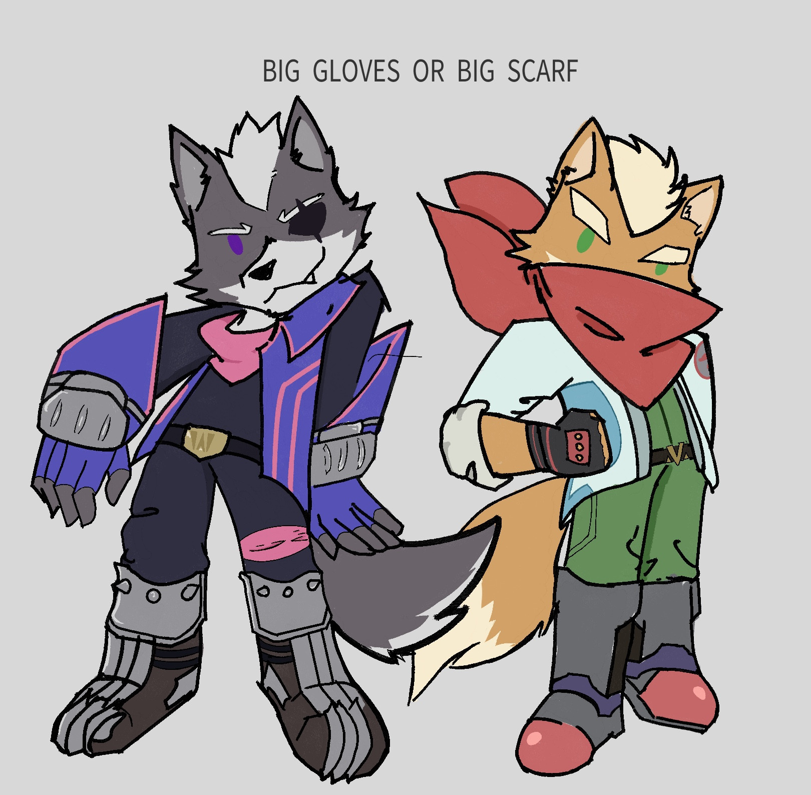 Image that reads “Big gloves or big scarf?”
Wolf is representing Big Gloves
Fox is representing Big Scarf.