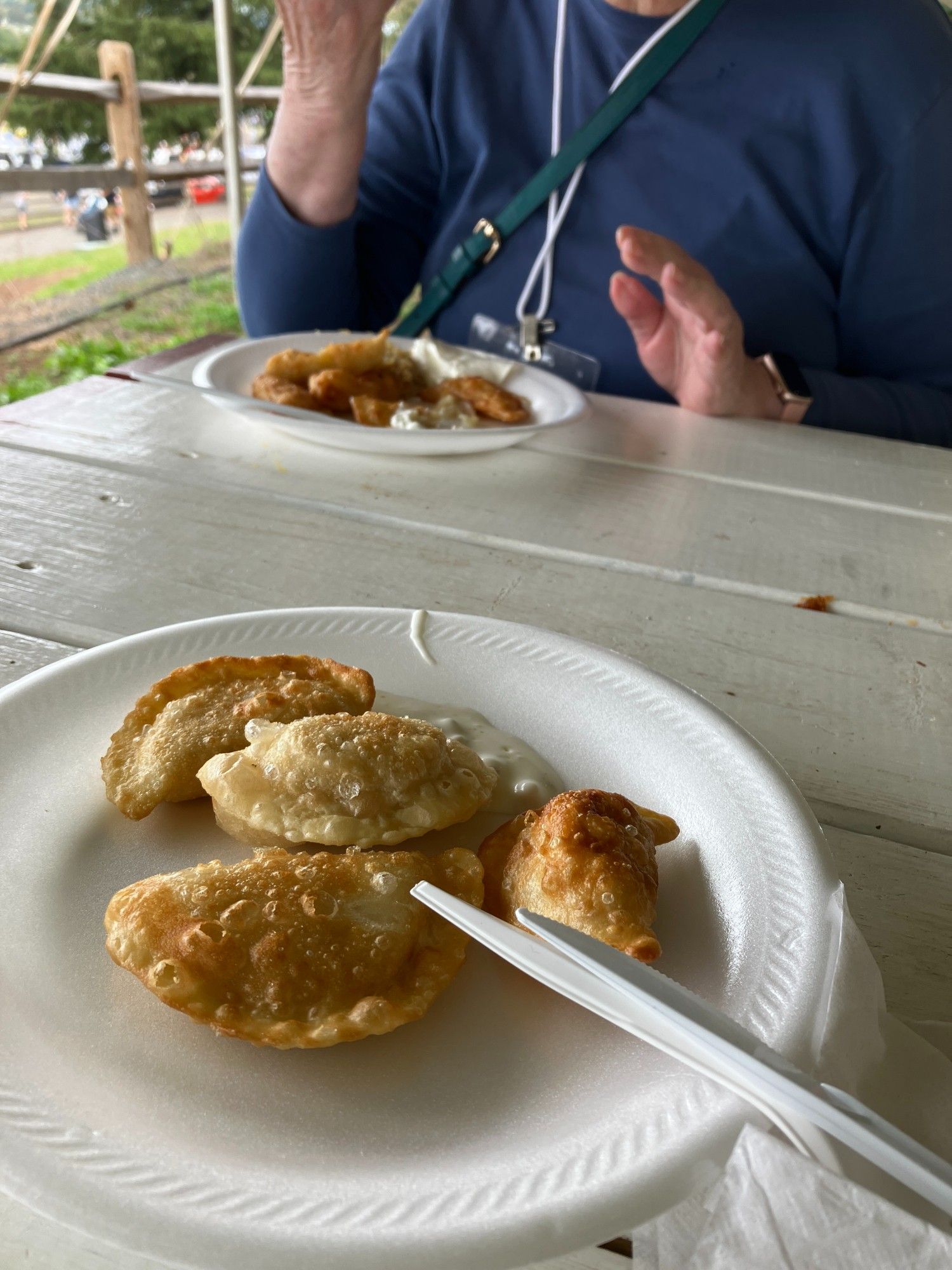 Two  plates of pierogies, resting on a covered picnic table. A woman is enjoying her pierogies in the background.