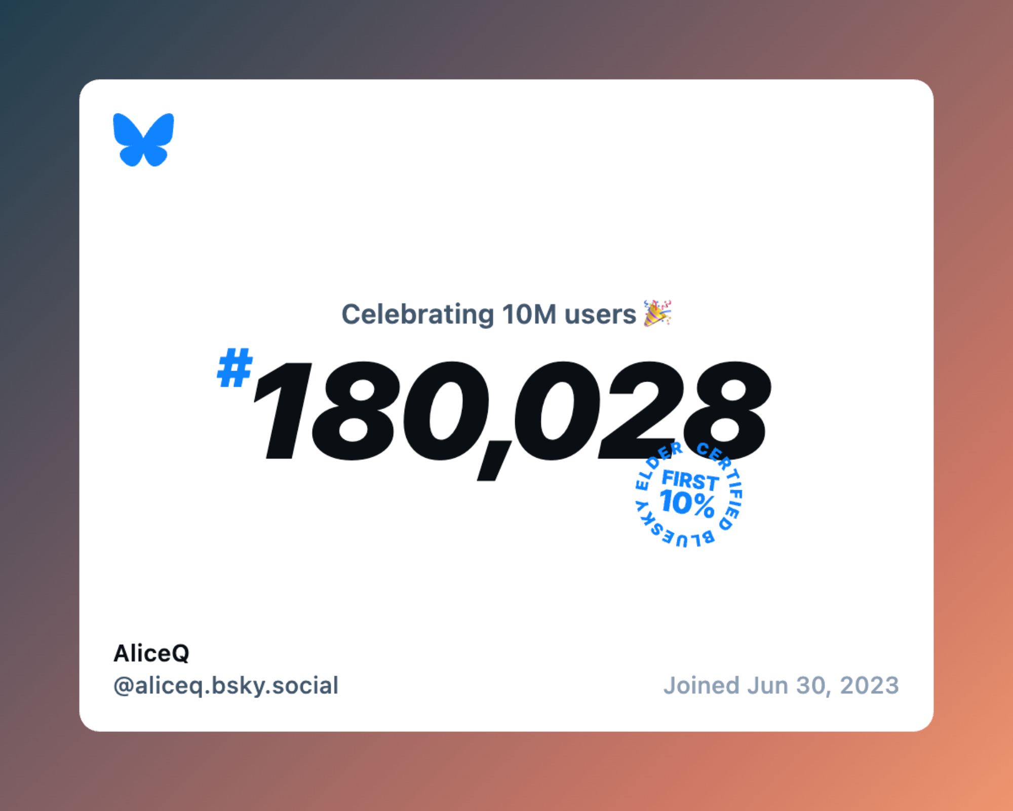 An orange and brown frame around a bit number proclaiming that Bluesky now has over 10 million users, and I was #180,028!