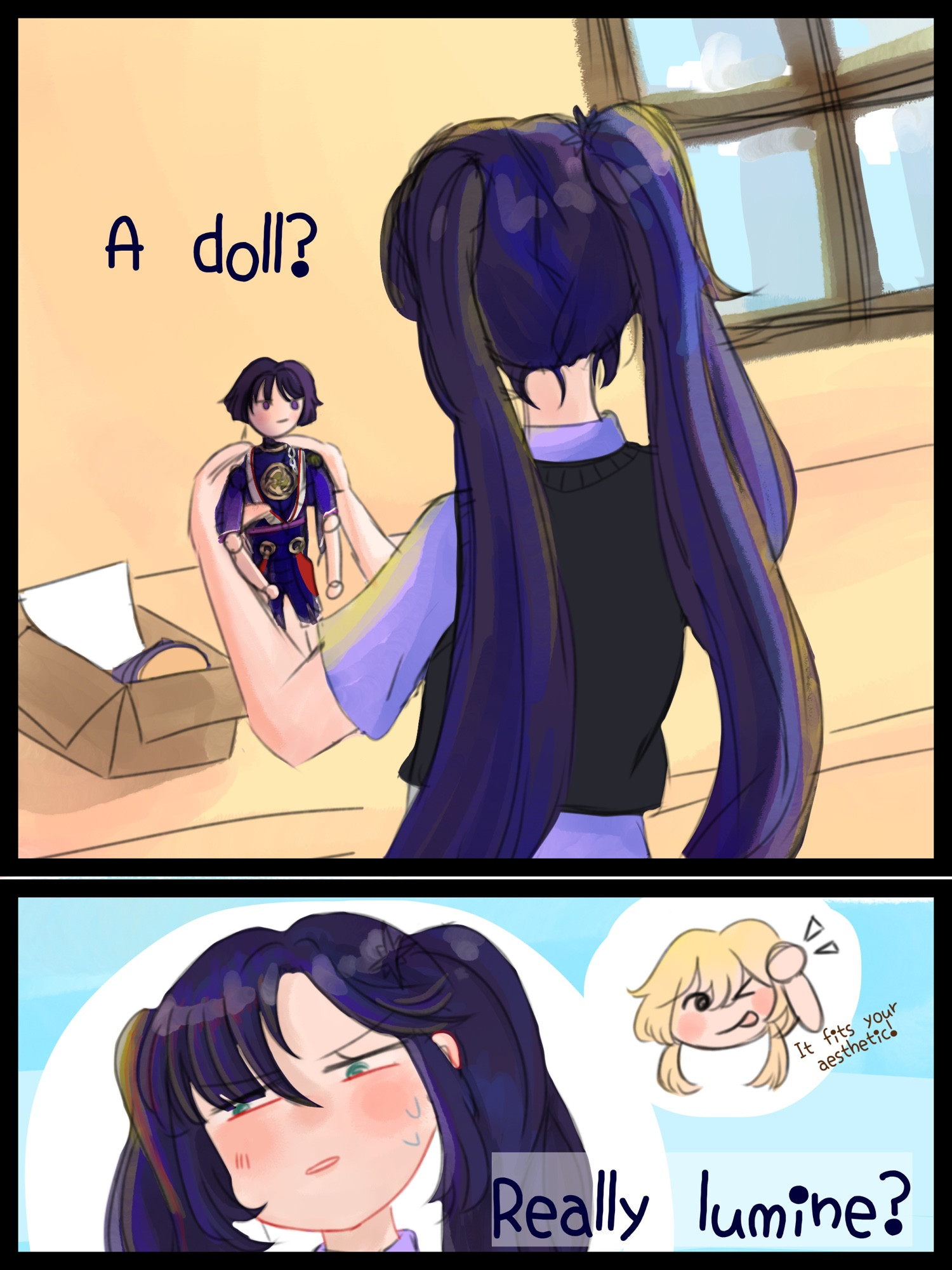 Mona: a doll?
Lumine: it fits your aesthetic!
Mona: really lumine?