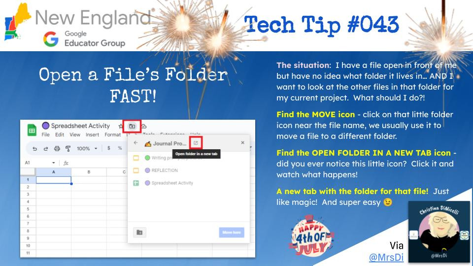 screenshot of tech tip tuesday for how to open a file's folder fast in google workspace