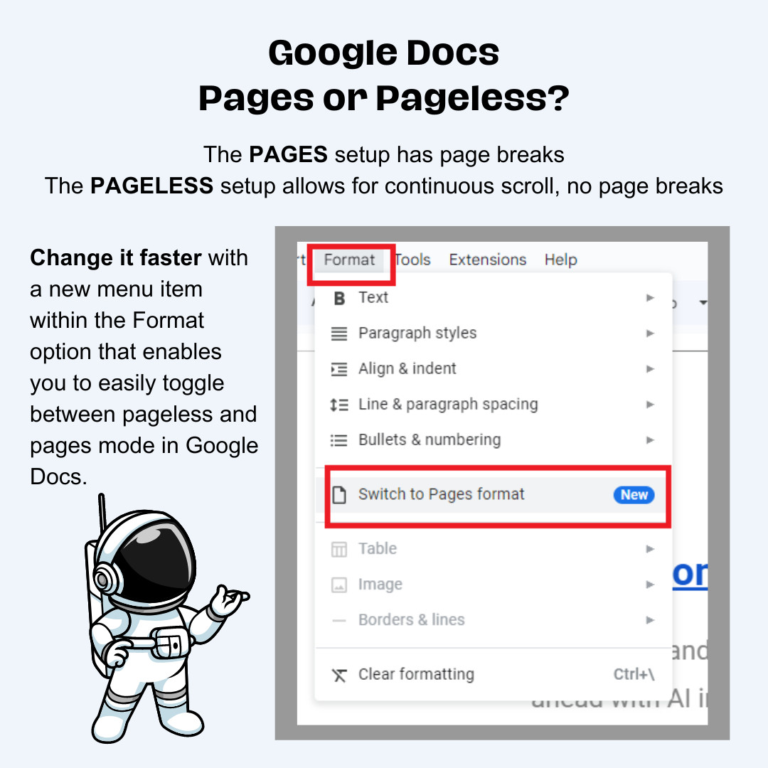 Google Docs new menu item in Format - easily switch between pages and pageless mode