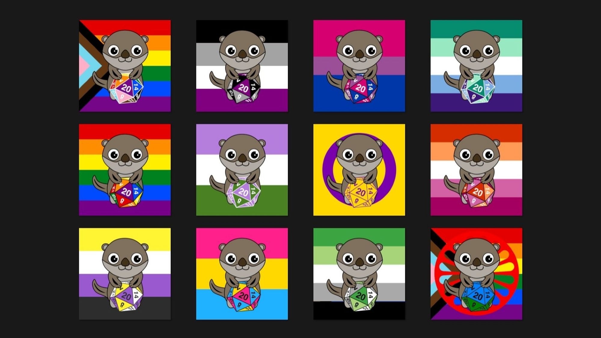 Several versions of Thogreer's logo, an otter holding a d20, each colored to match a pride flag behind it.